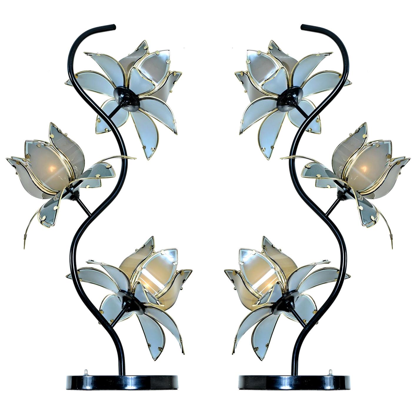 Anthony California Lacquer and Brass Hollywood Regency Etched Glass Floral Lamps