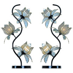 Anthony California Lacquer and Brass Hollywood Regency Etched Glass Floral Lamps