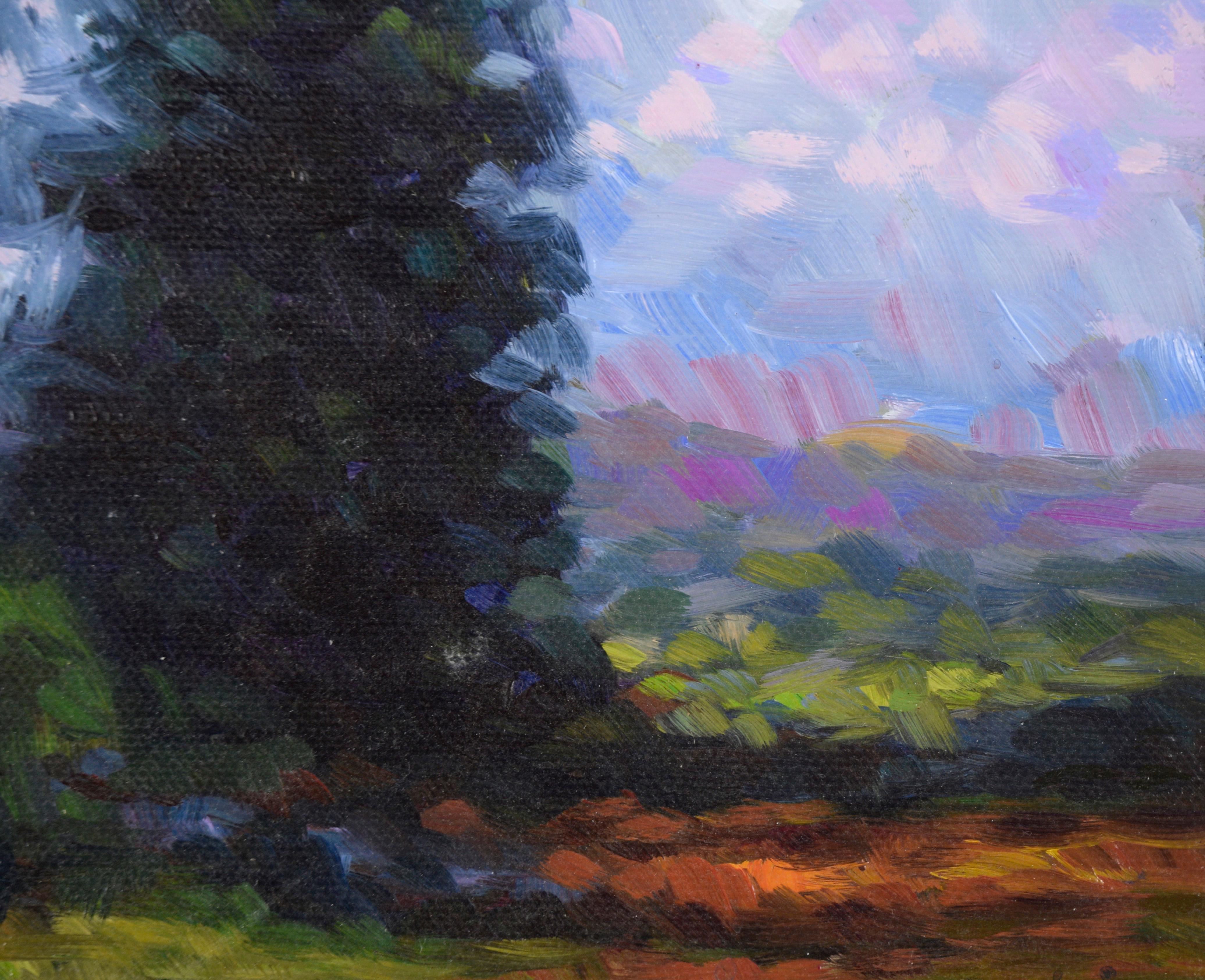 Path Under a Purple Sky - Small Vertical Landscape in Oil on Canvas

Highly saturated landscape by Anthony Carnabuci (American, b. 1966). This piece uses built up layers of short, quick strokes to build a vibrant, colorful landscape. A path starts
