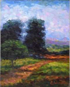 Path Under a Purple Sky - Small Vertical Landscape in Oil on Canvas