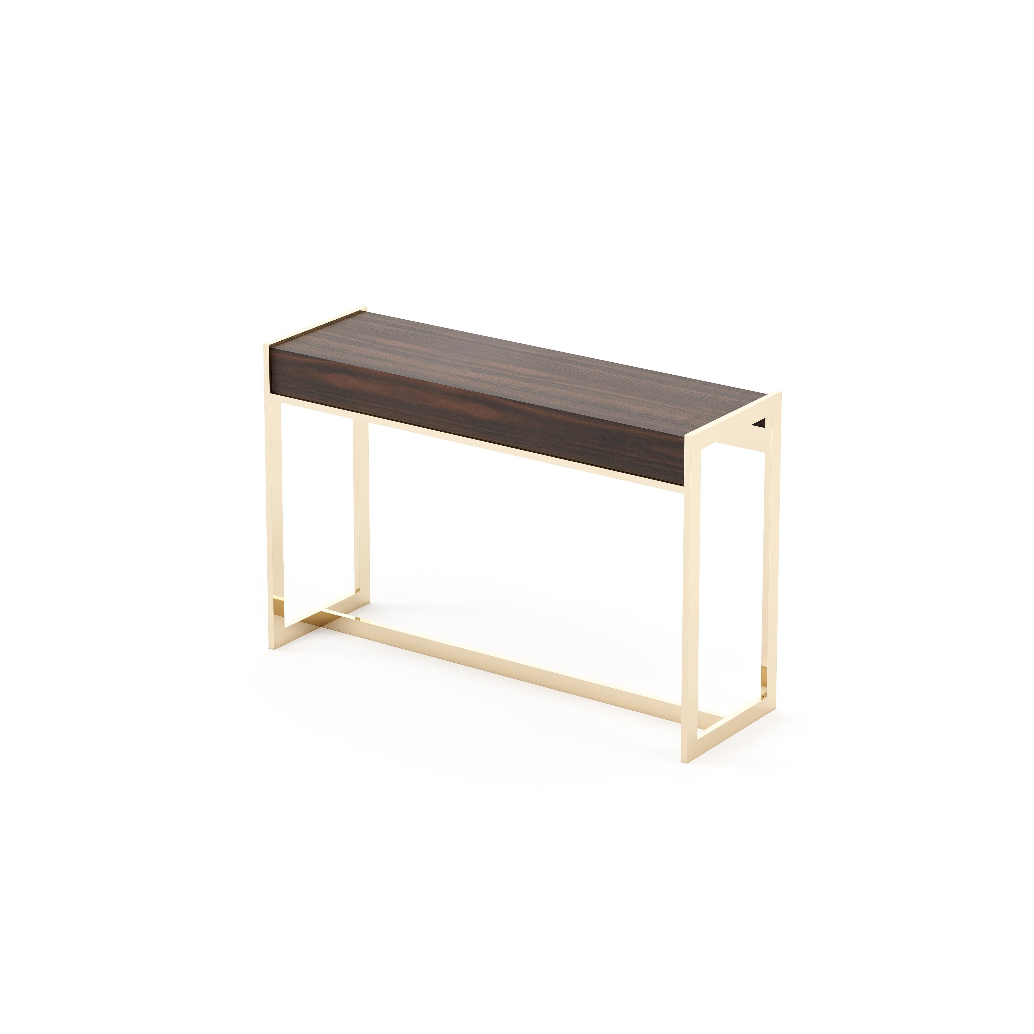 Modern Contemporary wooden console entry table with metallic accents by Laskasas For Sale