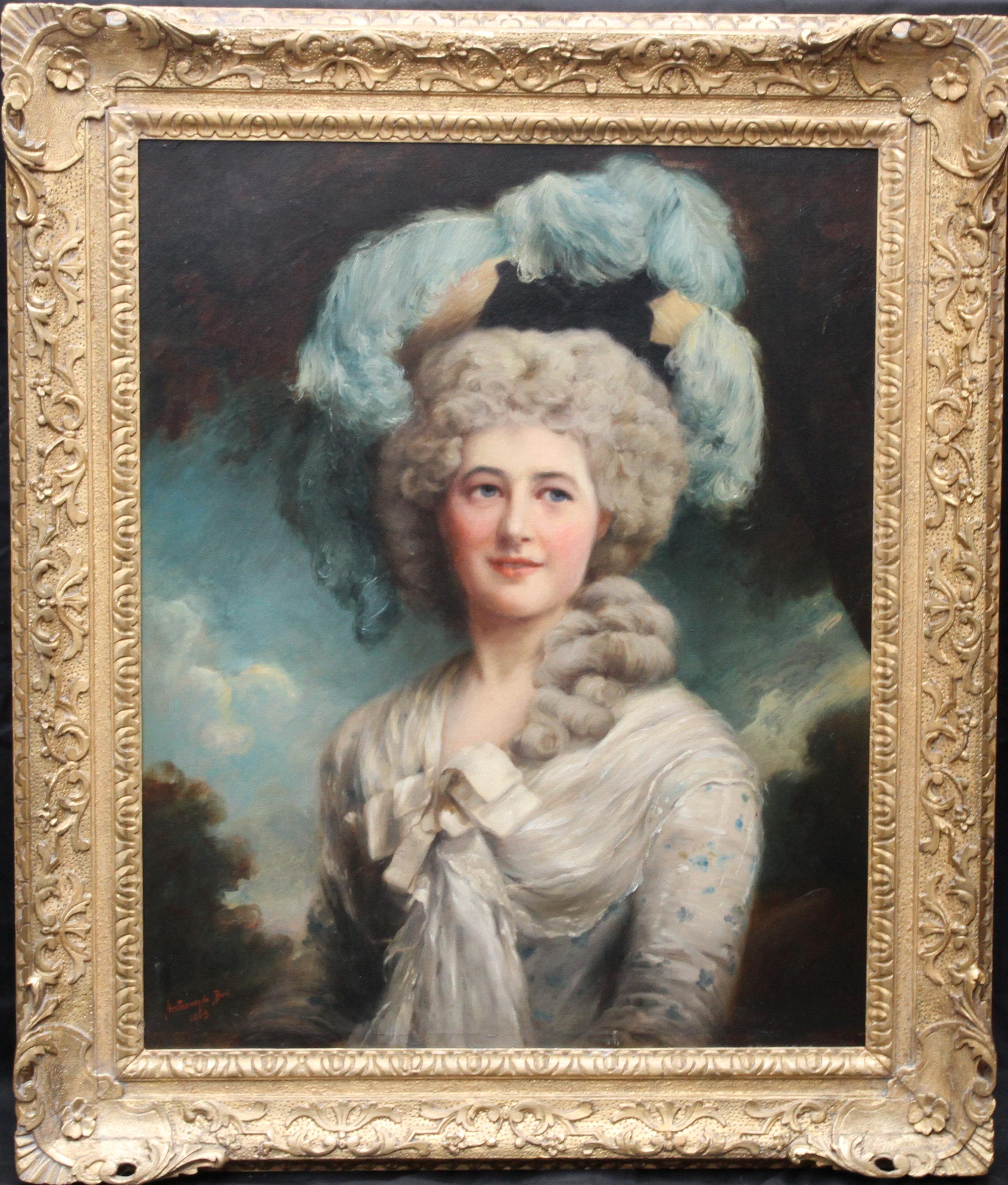 Portrait of a Lady in Plumed Hat -  Edwardian Gainsboroughesque art oil painting 3