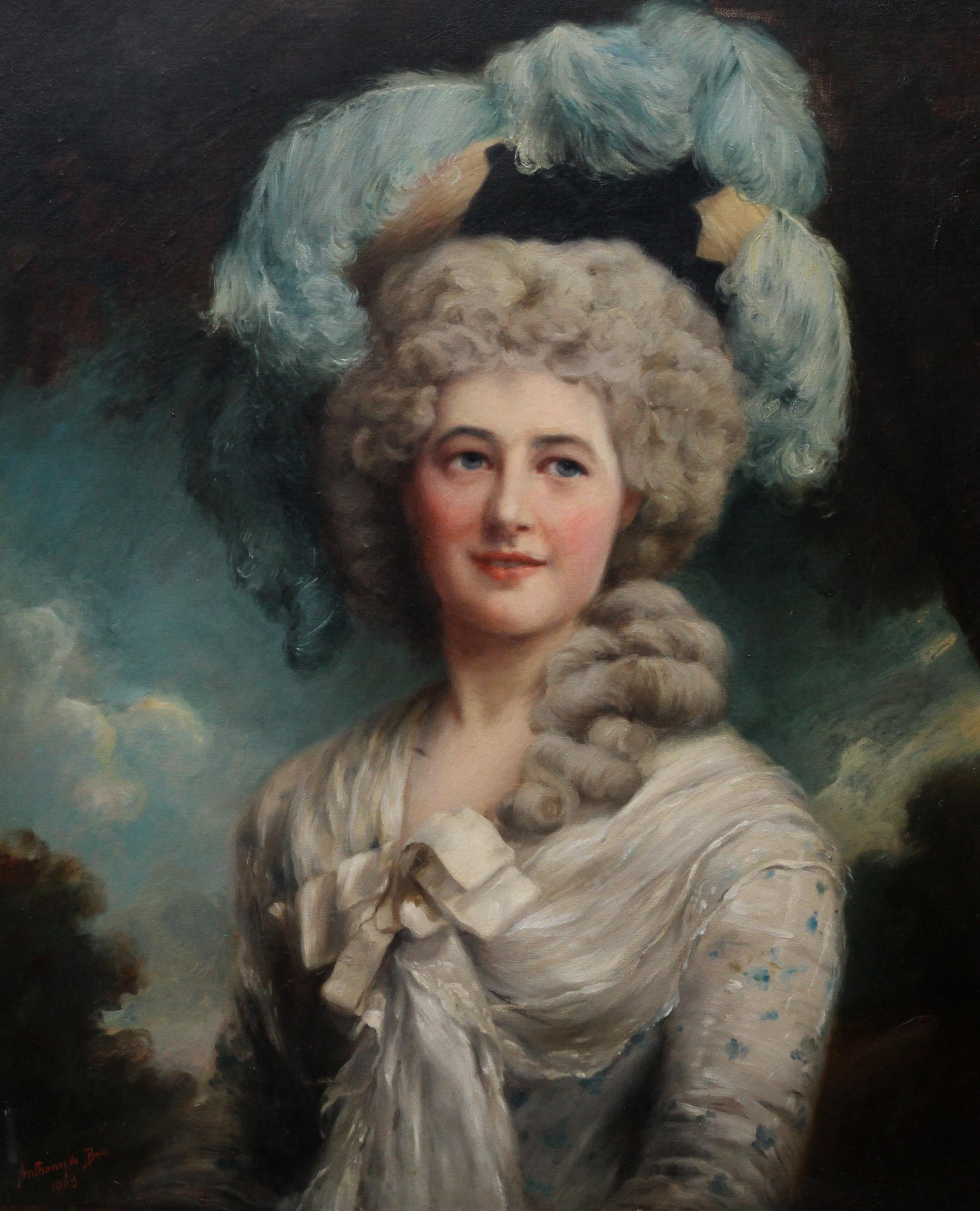 Portrait of a Lady in Plumed Hat -  Edwardian Gainsboroughesque art oil painting - Painting by Anthony de Brie