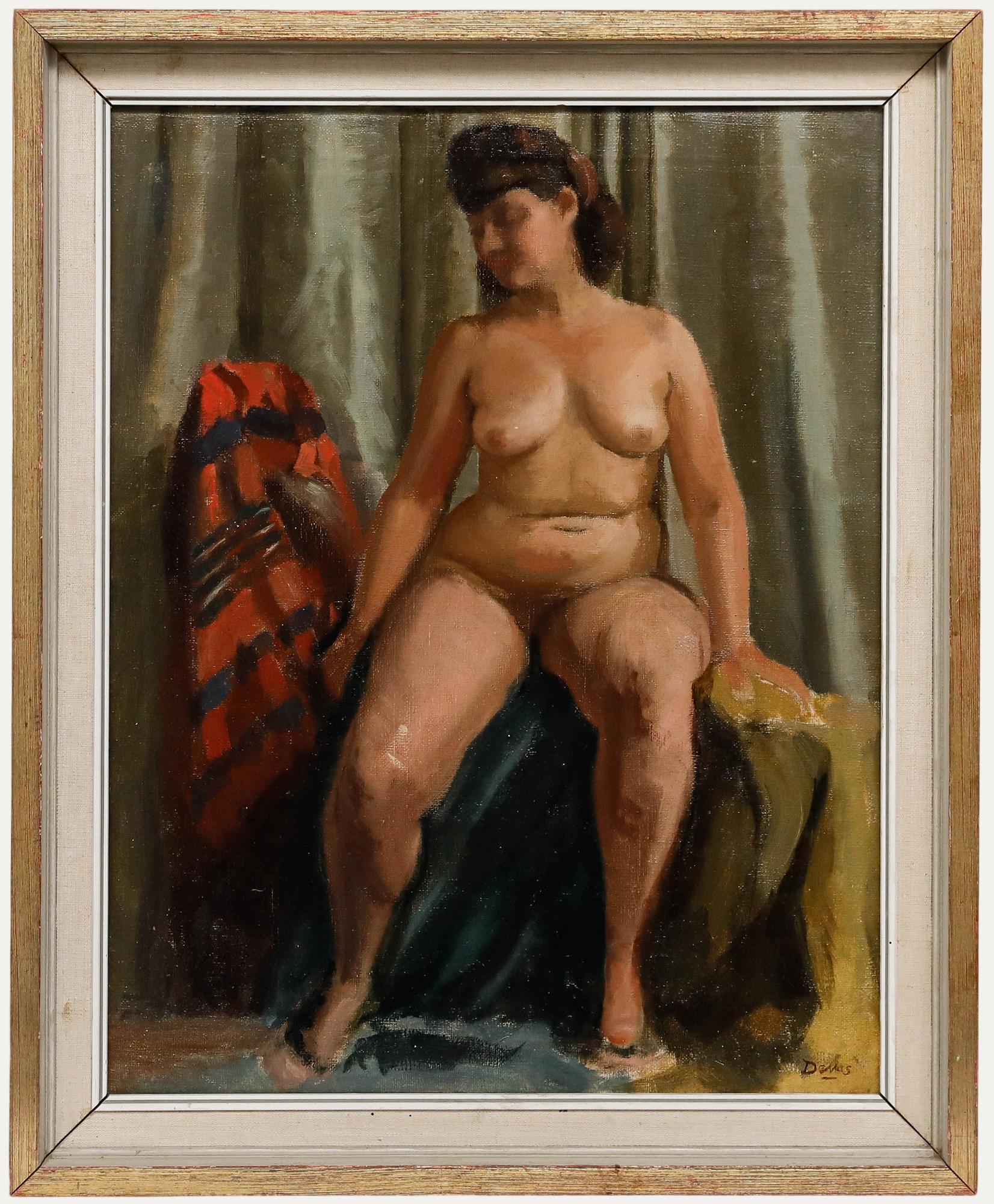 This intimate study by listed artist Anthony Devas (1911-1958) depicts a nude female figure seated in a relaxed pose against a backdrop of draped fabrics. Devas has paid particular attention to the interplay of warm flesh tones against the vibrant