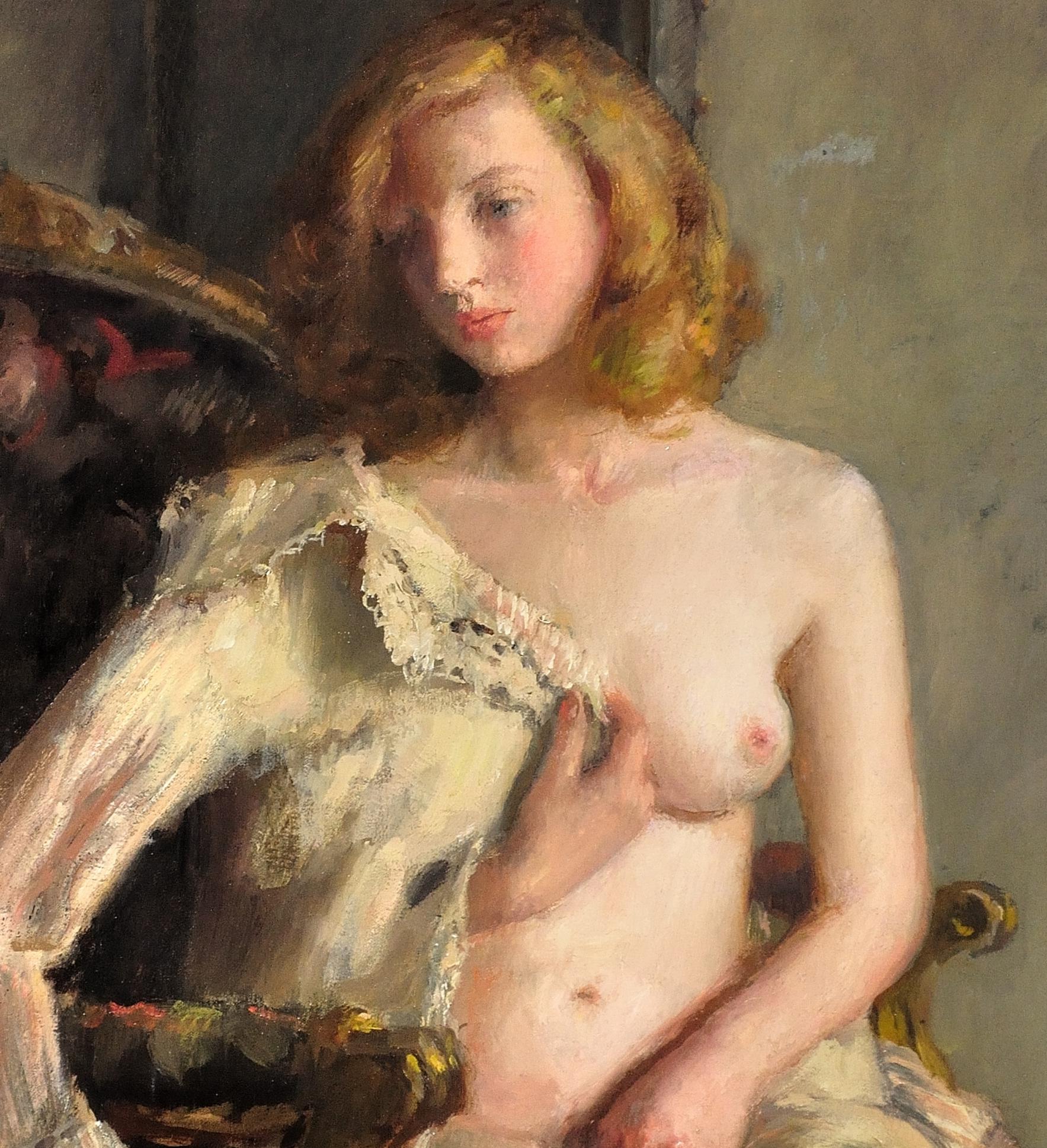 Déshabillée. Female Redhead Nude. Original Oil Painting. WWII Painting. 1944 5