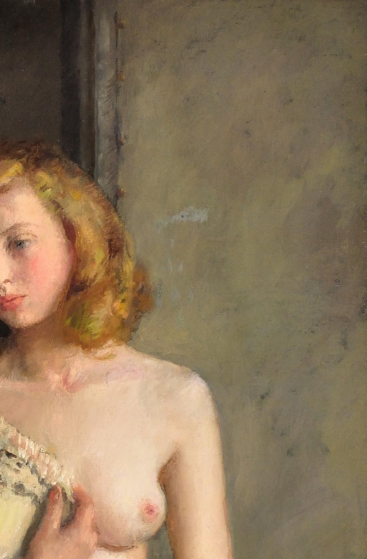 Déshabillée. Female Redhead Nude. Original Oil Painting. WWII Painting. 1944 2