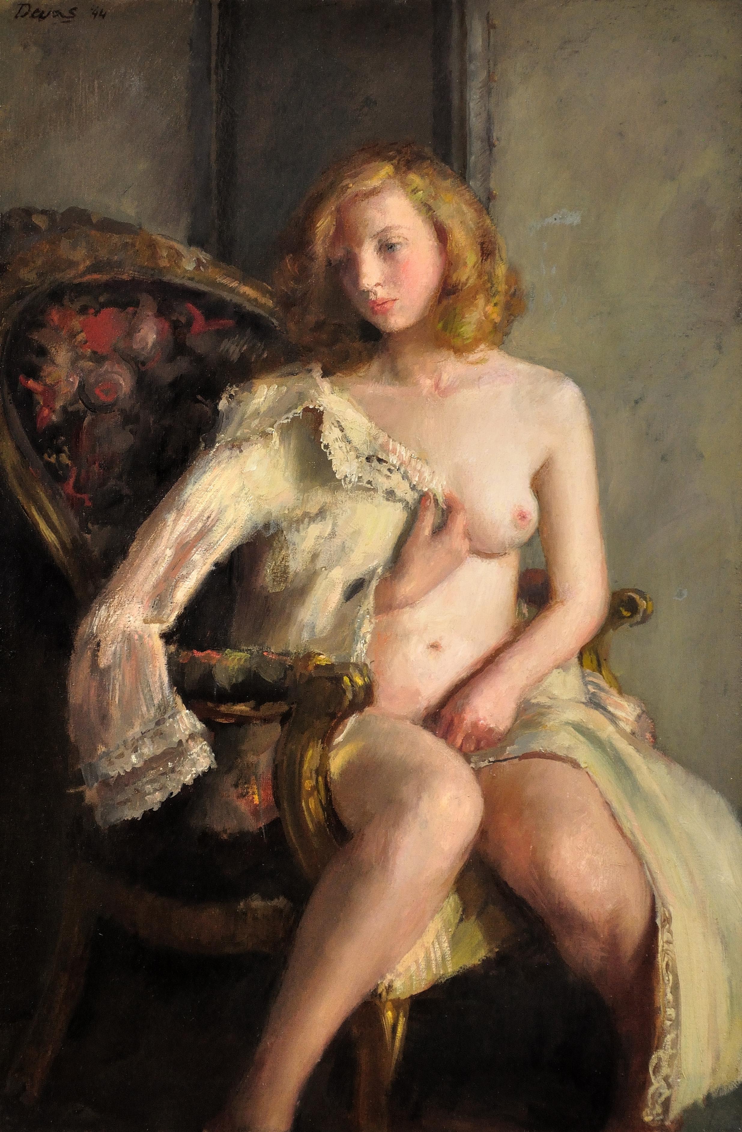 Anthony Devas Nude Painting - Déshabillée. Female Redhead Nude. Original Oil Painting. WWII Painting. 1944