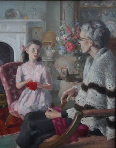 Grandma and Grand Daughter in an Interior - British 40's Portrait oil  painting