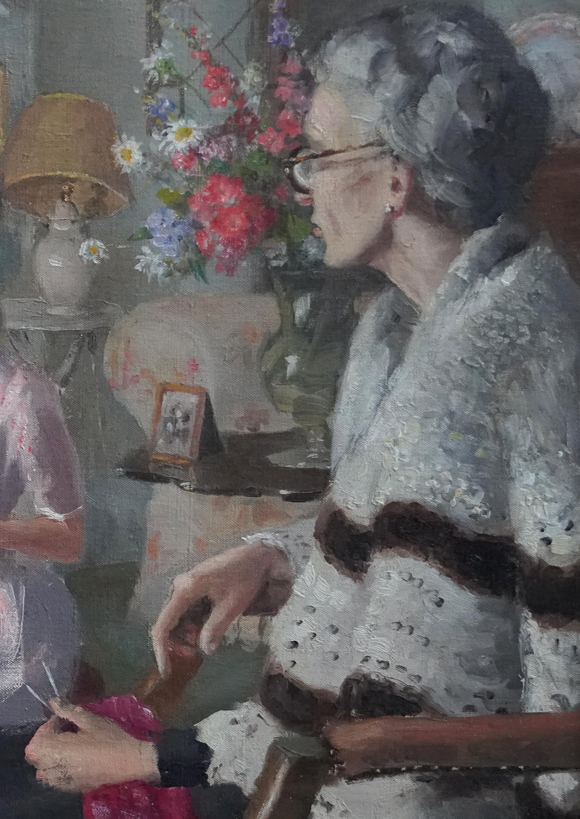 This lovely British interior portrait oil painting is by noted British artist Anthony Devas. Painted circa 1940 the painting is of a seated grandmother and grand daughter in a lovely living room. The grandmother has stopped her knitting to listen to