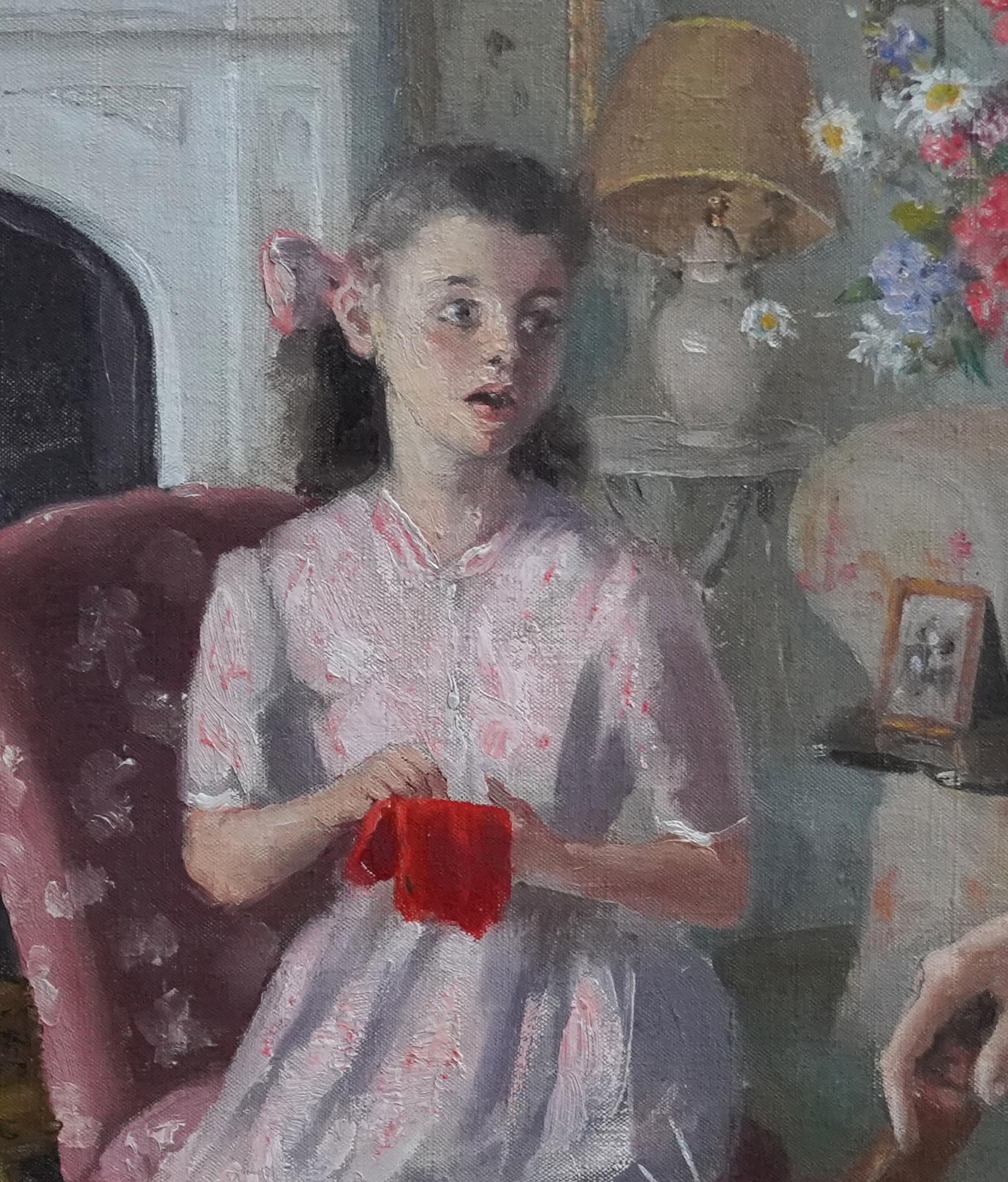 Grandma and Grand Daughter in an Interior - British 40's Portrait oil  painting For Sale 1