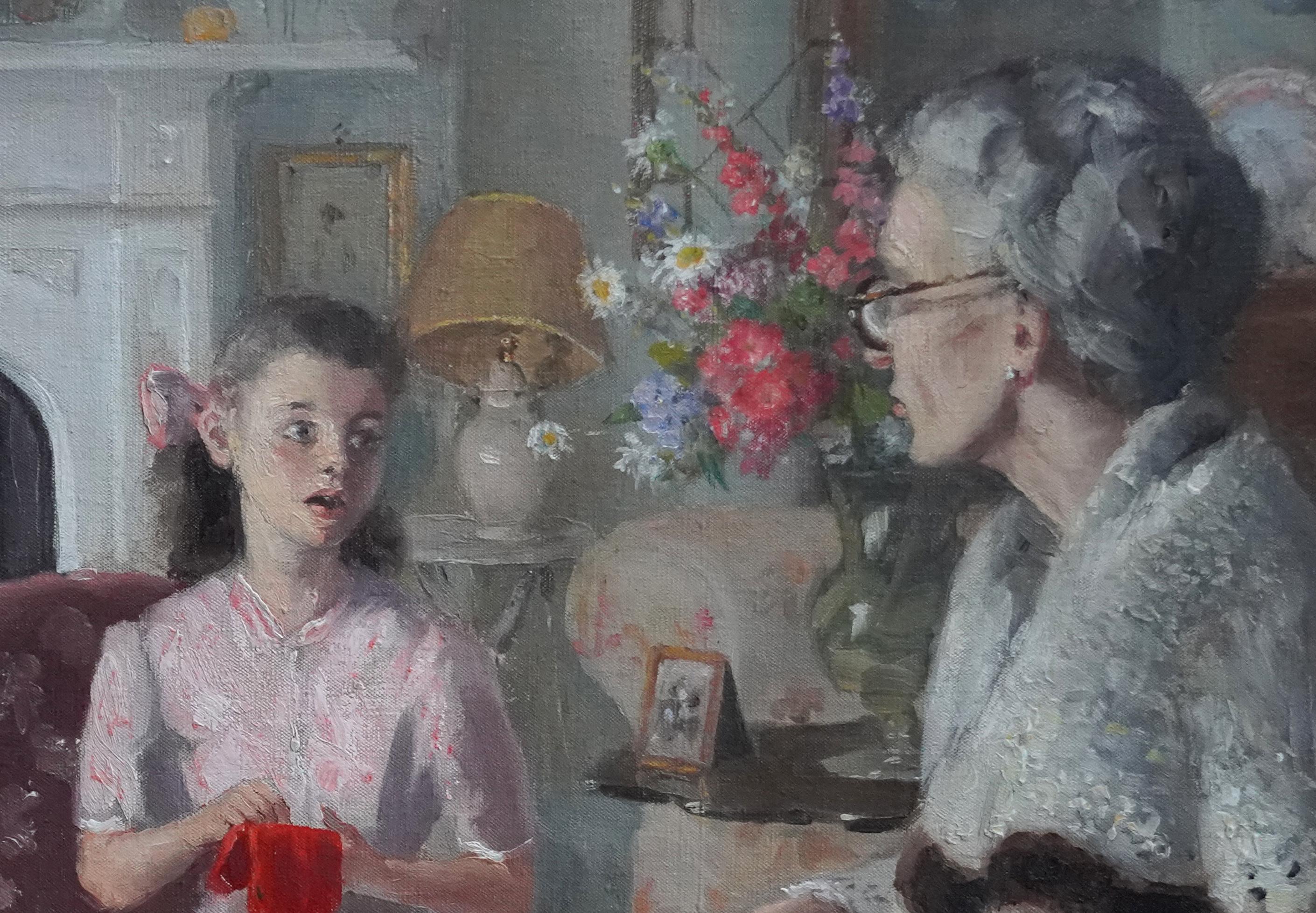 Grandma and Grand Daughter in an Interior - British 40's Portrait oil  painting - Realist Painting by Anthony Devas