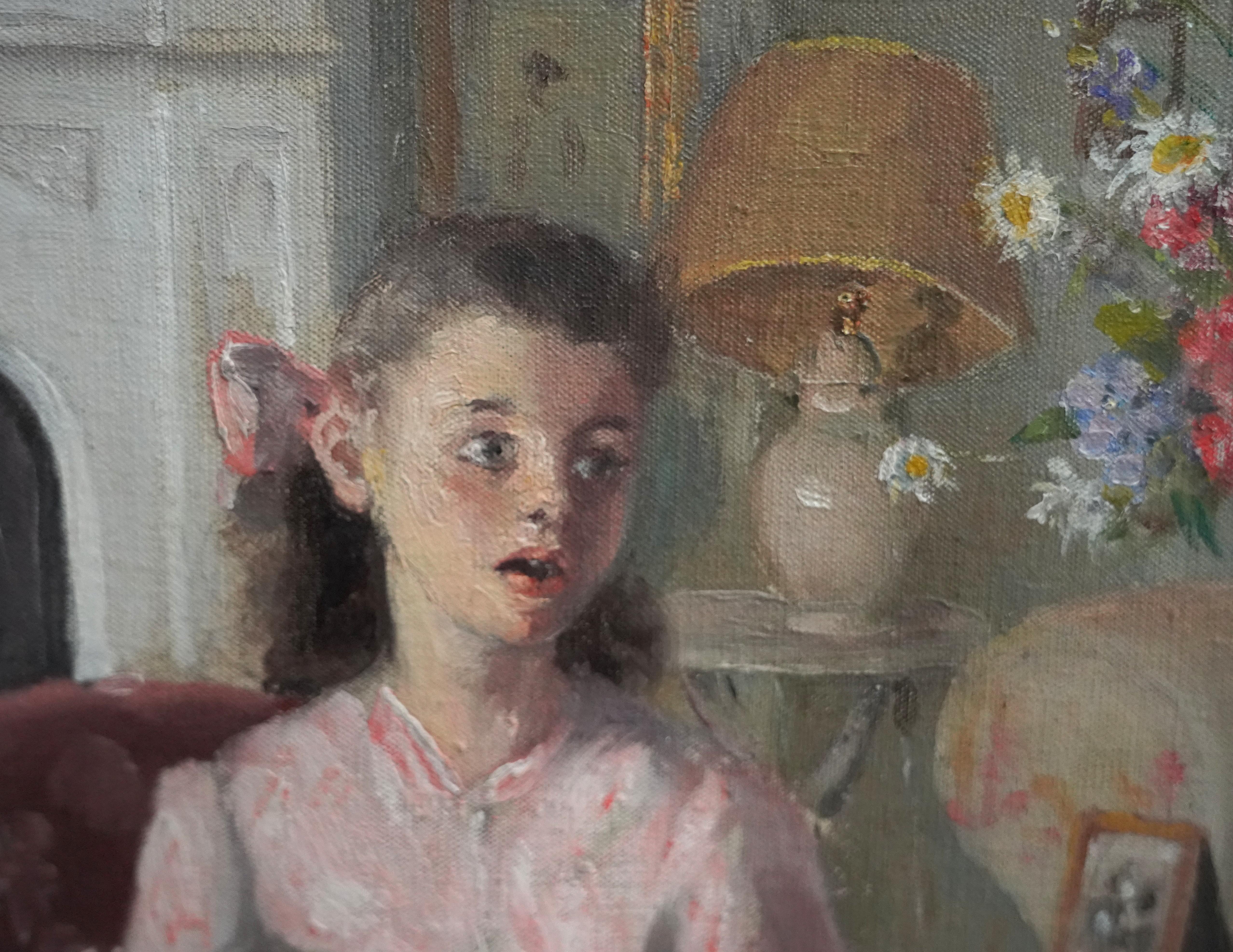 Grandma and Grand Daughter in an Interior - British 40's Portrait oil  painting For Sale 1