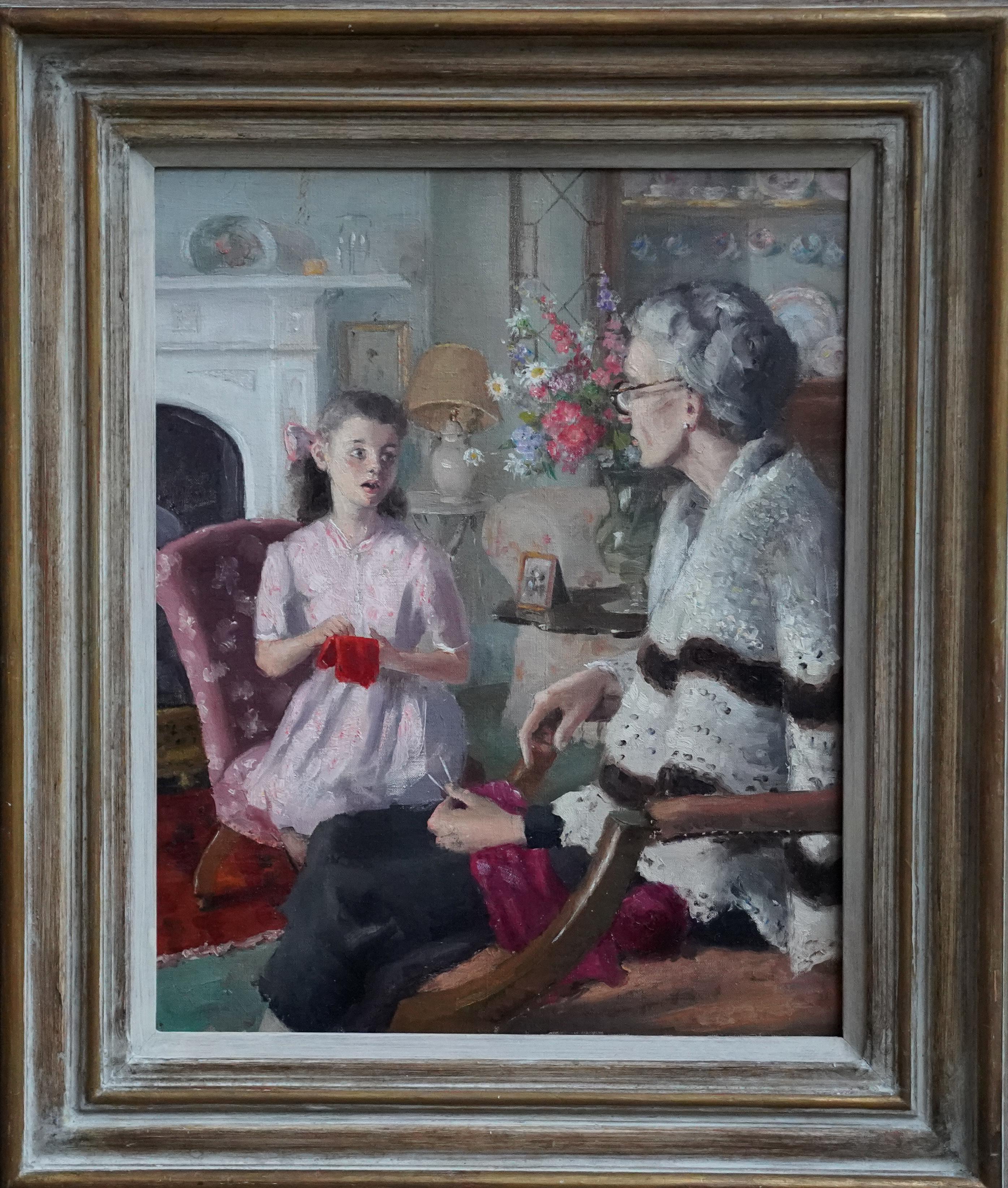 Grand-mère et grande-fille dans un intérieur - Portrait à l'huile britannique des années 40  peinture