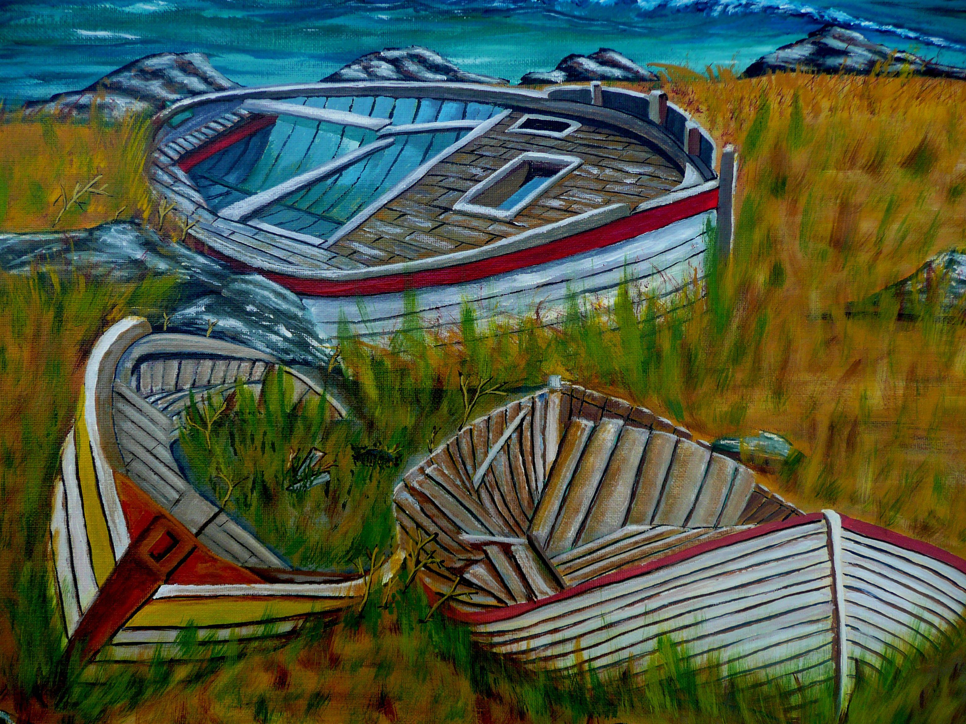 This painting was inspired by my brothers announced retirement from a lifetime spent at sea. These boats will not be returning to sea. Hence, their sterns are facing the ocean. This painting has been created using professional grade acrylics which