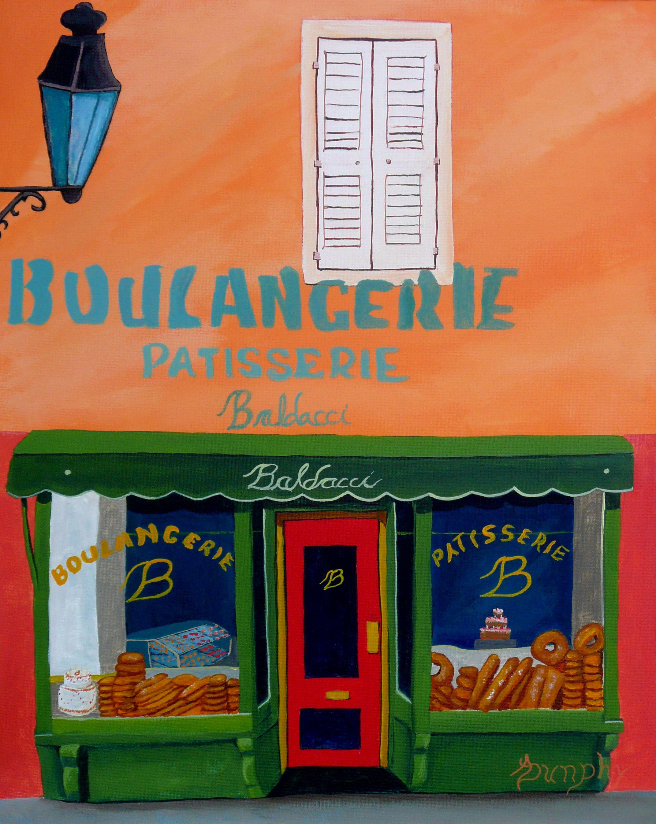 This is an Italian bakery or Boulangerie and Patisserie that I saw recently while on vacation in Rome. The bread was amazing but the cakes were even better. This storefront painting has been created using professional grade acrylics on flat canvas