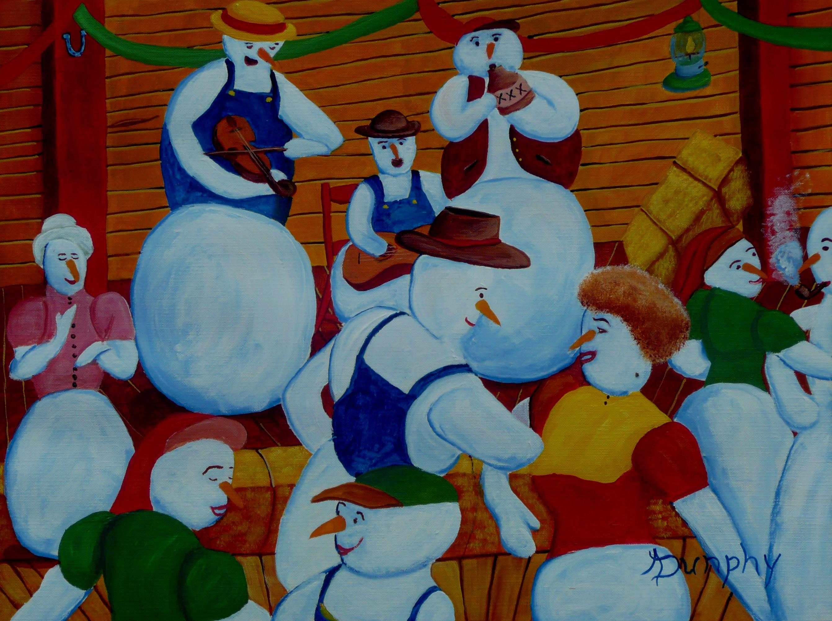 Barn Dancing Snowmen, Gemälde, Acryl auf Papier