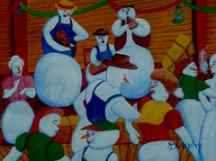 Barn Dancing snowmen, Painting, Acrylic on Paper