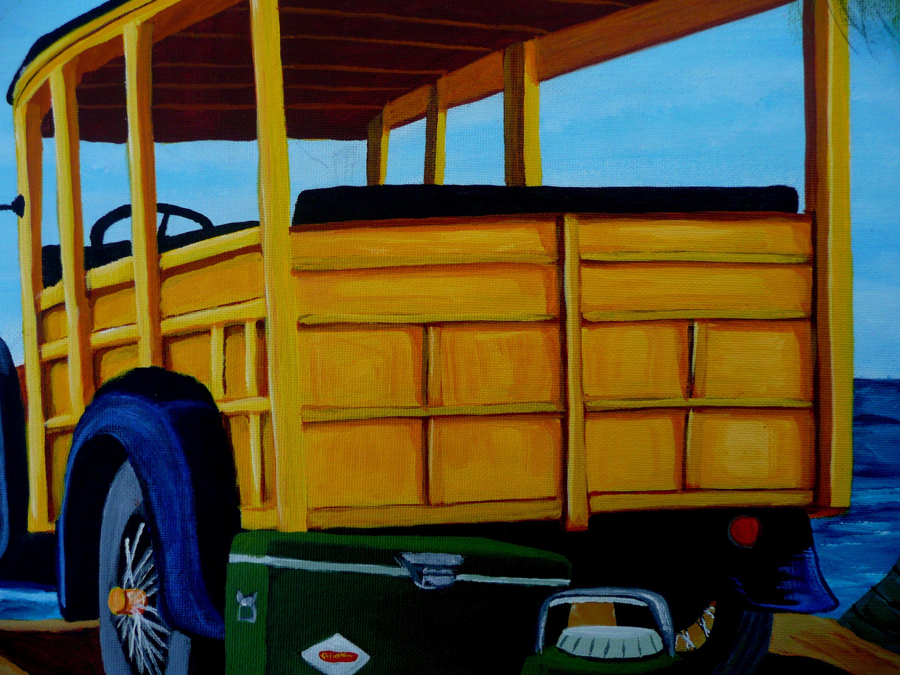 Eine nostalgische Szene mit einem klassischen Woody-Wagen mit Surfbrett, Gitarre und Kühlboxen, bereit für einen schönen Tag am Strand. Diese Szene wurde mit professionellen Acrylfarben auf Leinwand gemalt und mit Kunstfirnis überzogen. Die Größe