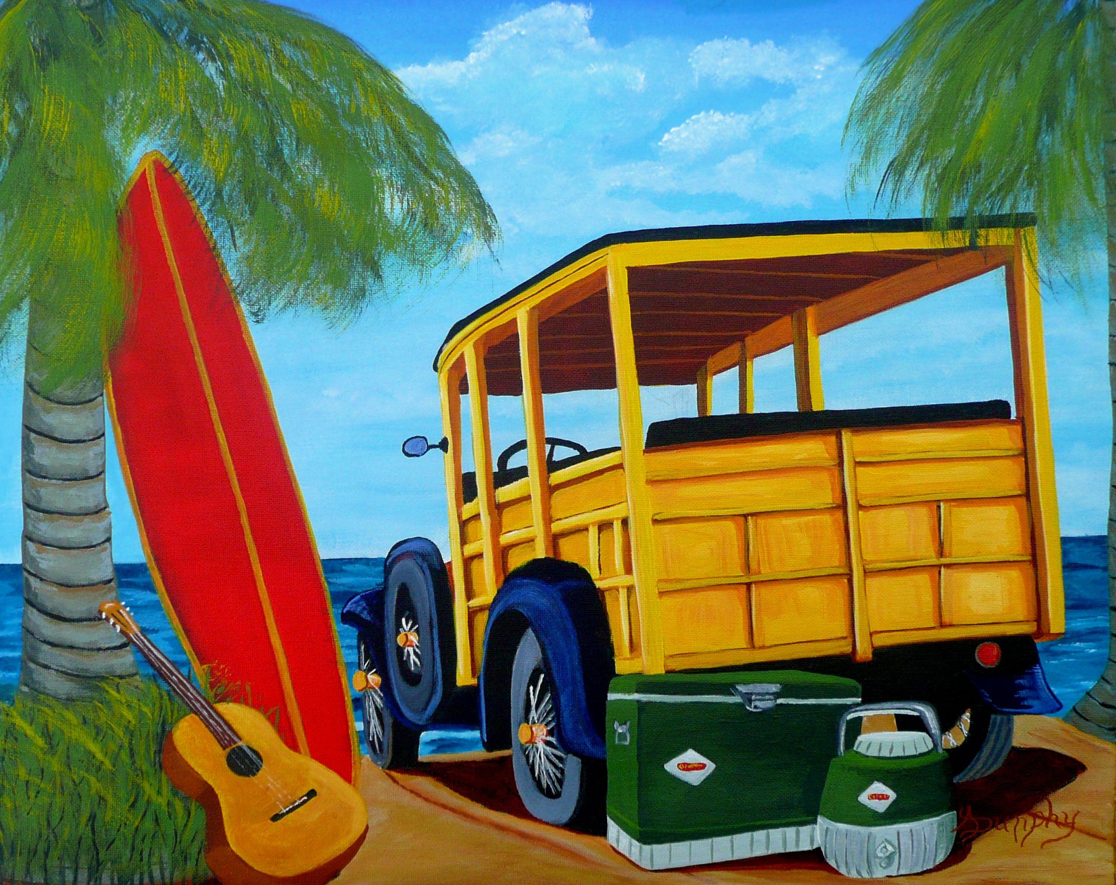 A nostalgic scene featuring a classic Woody wagon with a surfboard, guitar and coolers ready for a beautiful day at the beach. This scene has been created using professional grade acrylics on canvas and coated with art varnish. The size is 16X20
