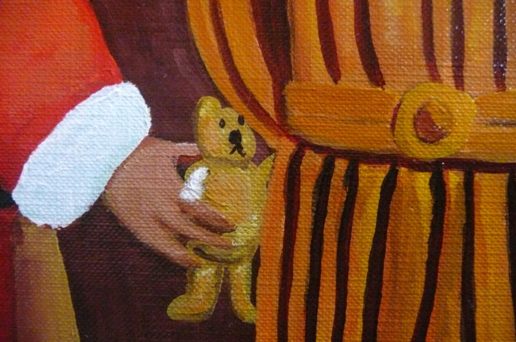 This painting shows a humorous scene with Santa Claus asking a blacksmith to repair a teddy bear with a broken arm.     Only the finest materials have been used to create this painting, including professional grade acrylic paint an archival quality