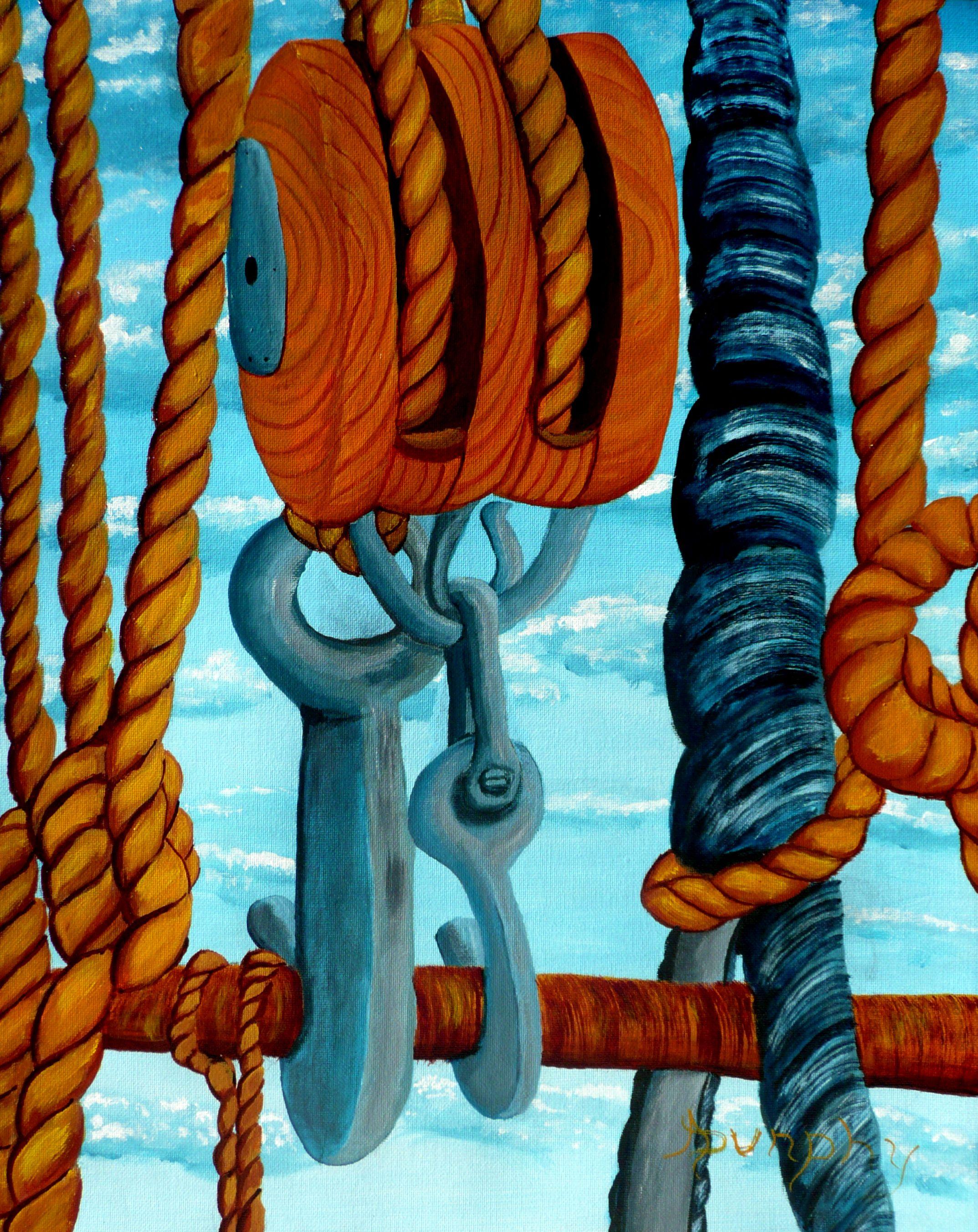 This painting depicts the running and standing rigging of a ship under sail. The creak of ropes as the strain comes upon them are the music of the ship at sea. This painting has been created using professional grade acrylics on unstretched canvas