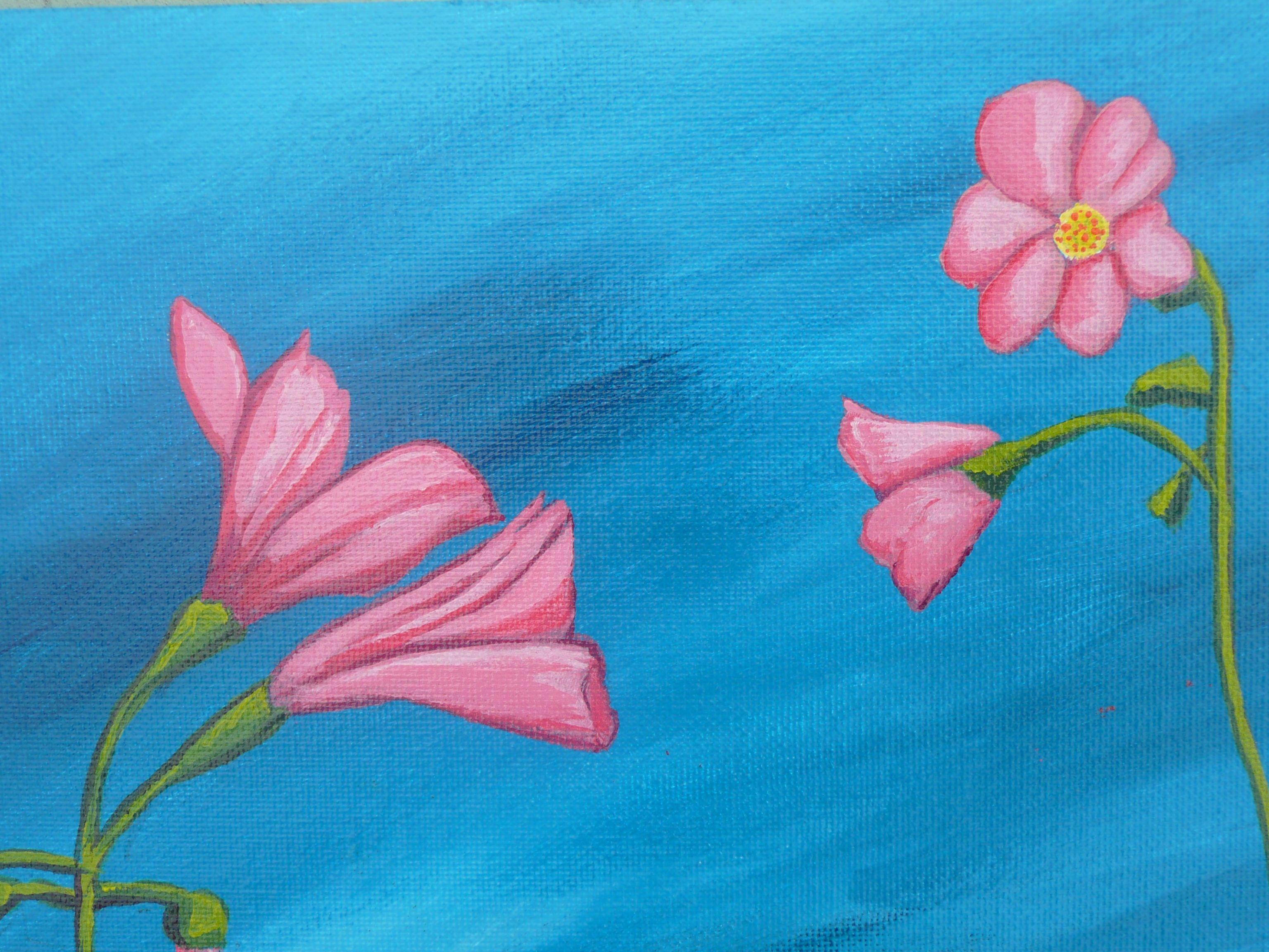 This is a painting of a four leaf clover plant that I have growing on my roof garden. For a very short time each year it has delicate pink flowers. This floral art has been created using professional grade acrylics on archival grade canvas. The flat