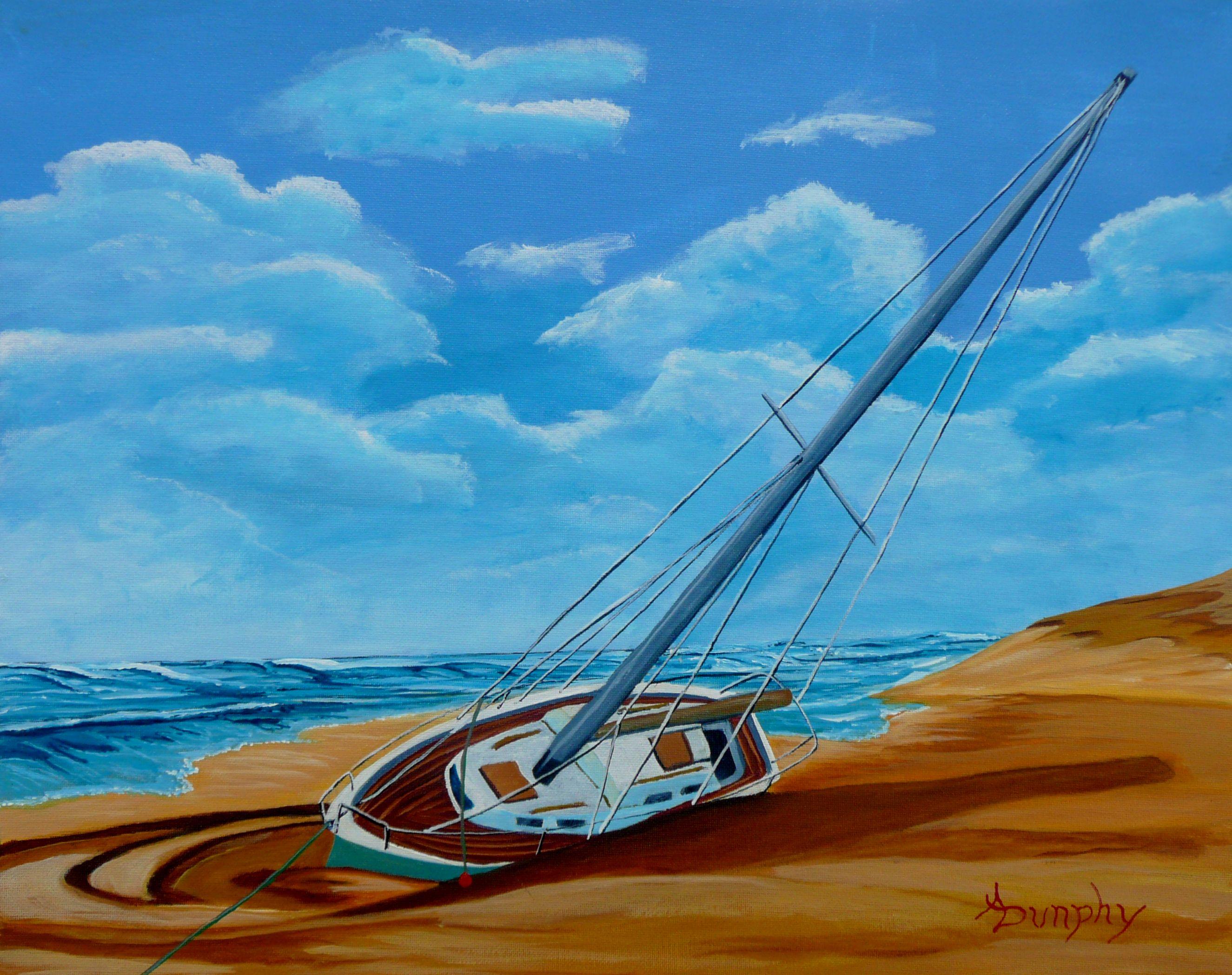 A sailboat has been beached high and dry after a fierce battle with the elements. Time will tell if she will float again. This seascape has been created using professional grade acrylics on a sheet of un-stretched canvas and has received a coating