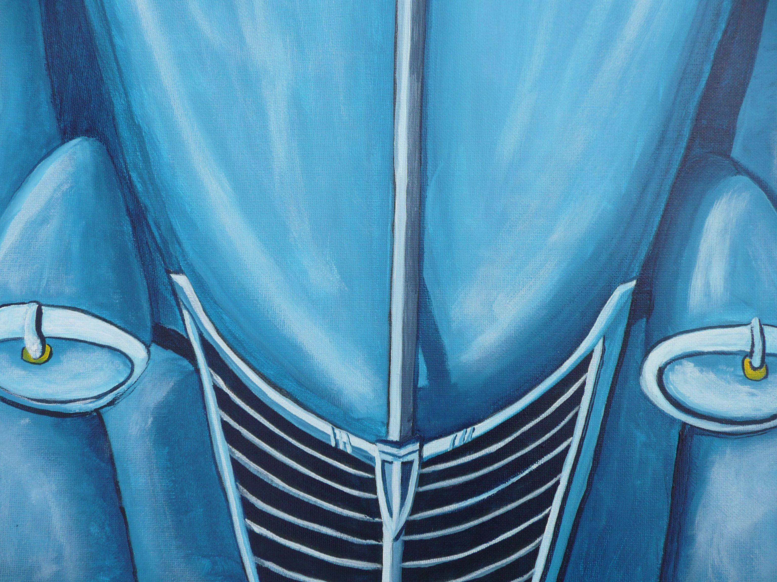 An ariel view of the front area of a classic car done in varying shades of blue. The lines of these classic cars are so reminescent of the art deco style. This painting has been created using only professional grade acrylics on un-stretched canvas.