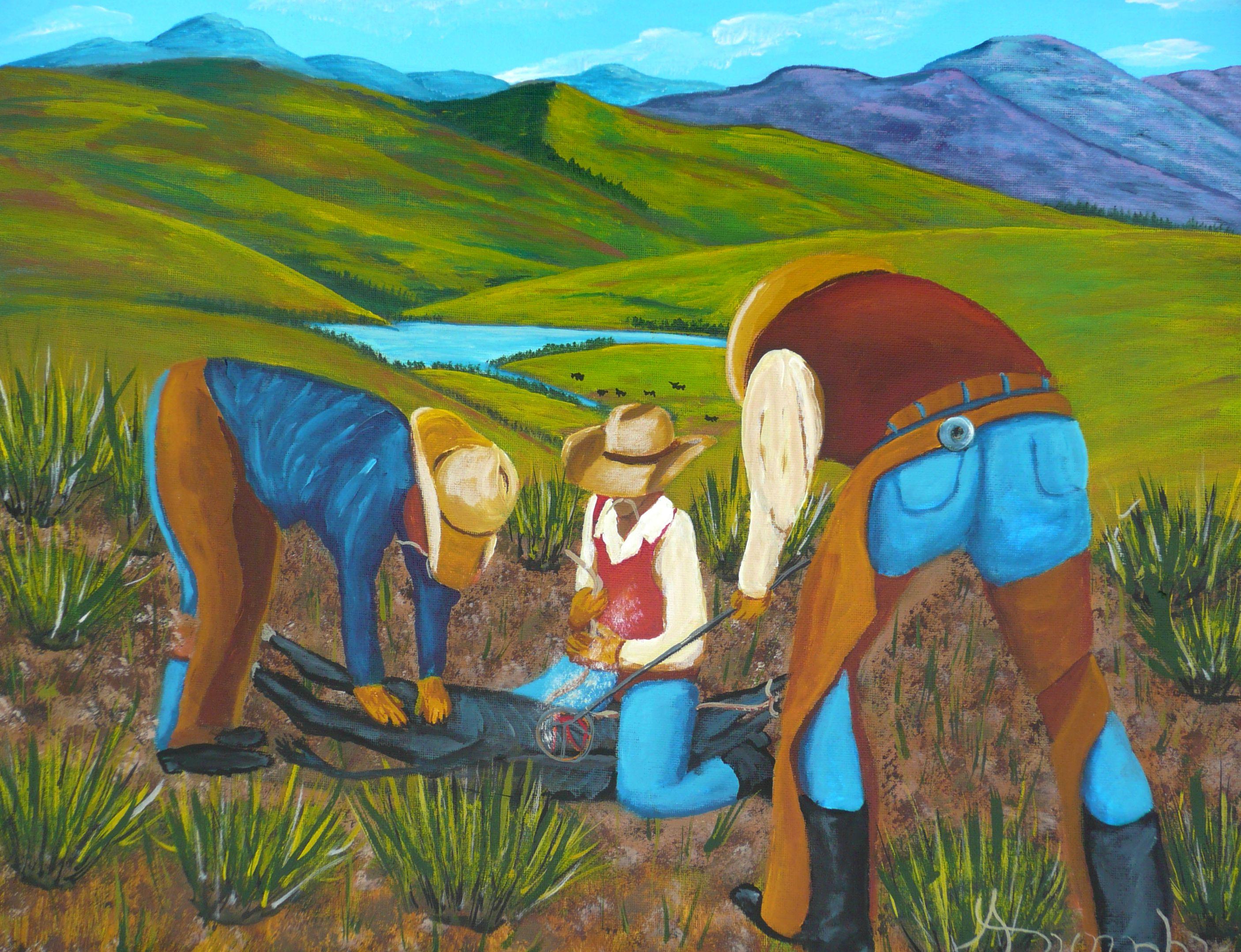 The new calves have been born and the cowhands are rounding them up for branding. This western themed painting depicts a group of ranch hands holding down a calf as the branding iron is applied. This piece has been created using only professional