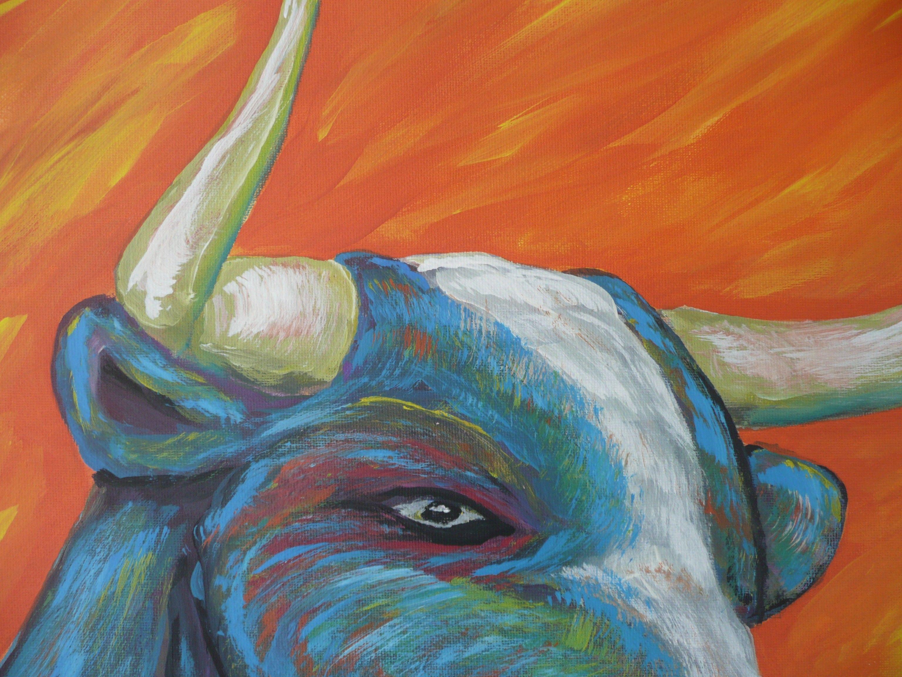 This is a bull. I have chosen to paint this fine animal in a variety of colors to show the power of the beast as it roams the desert. The style is free flowing and riotous coloring. This painting has been created using only professional grade