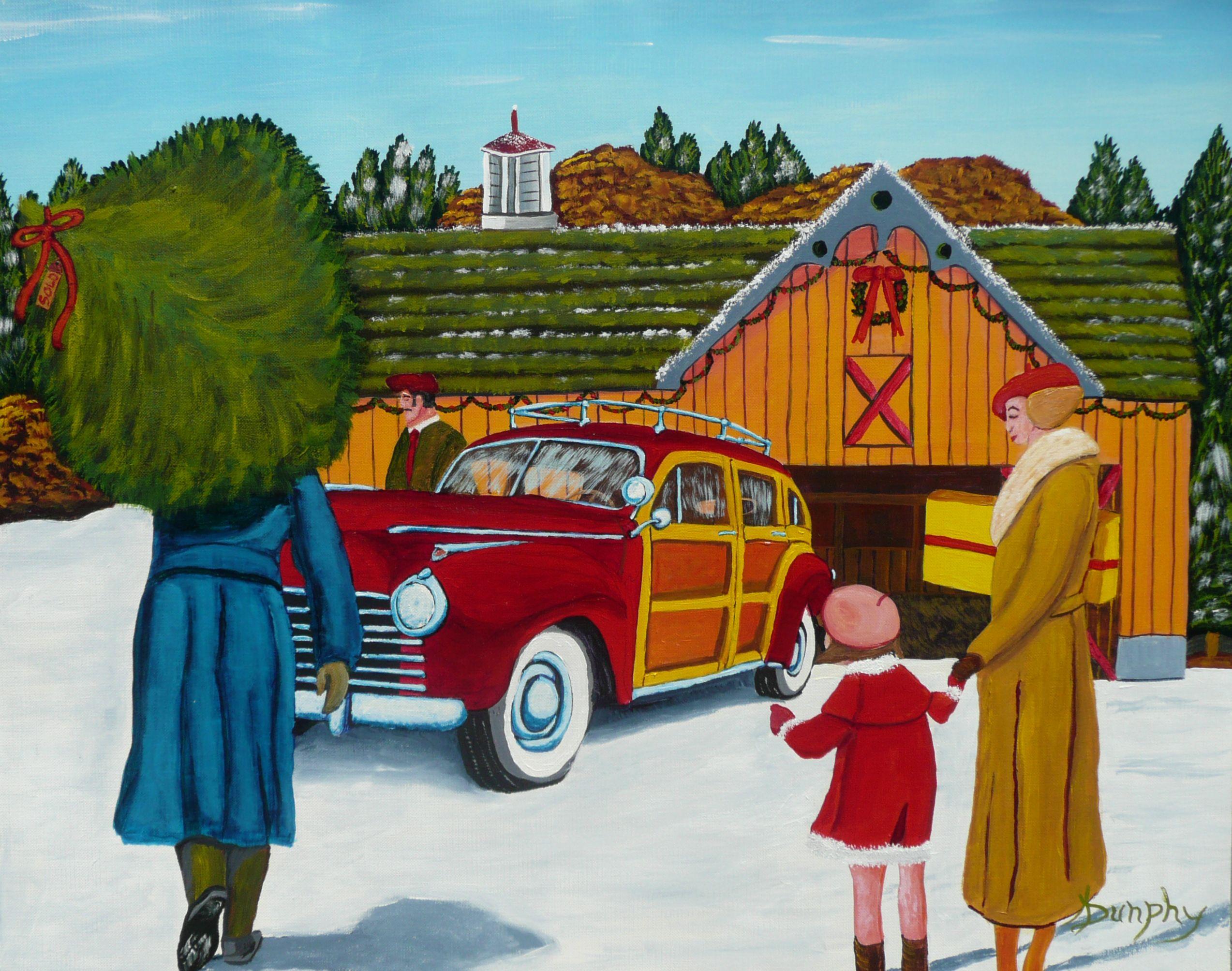 Just before Christmas the whole family gets in the car to head to the county to get a tree for the house. This is a nostalgic piece so I painted it in the old style to capture the feel of an old time Christmas card.     This painting has been