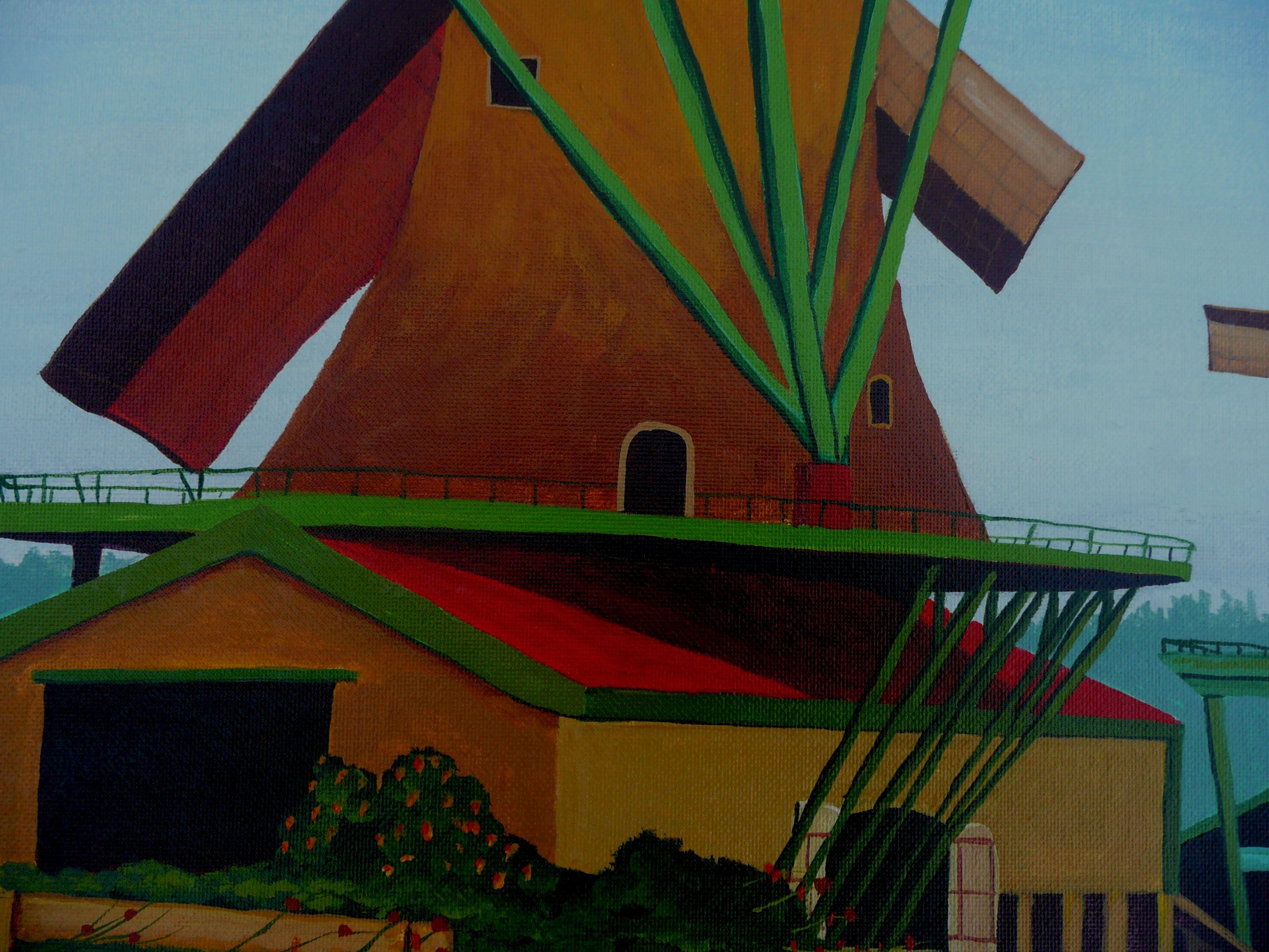 I am continuing my Tour de Force of Europe with this series. Here we has the icon image of the Netherlands, a windmill. I chose a rear view of the mill to include the ship waiting to receive the grain from the mill.  This painting has been created