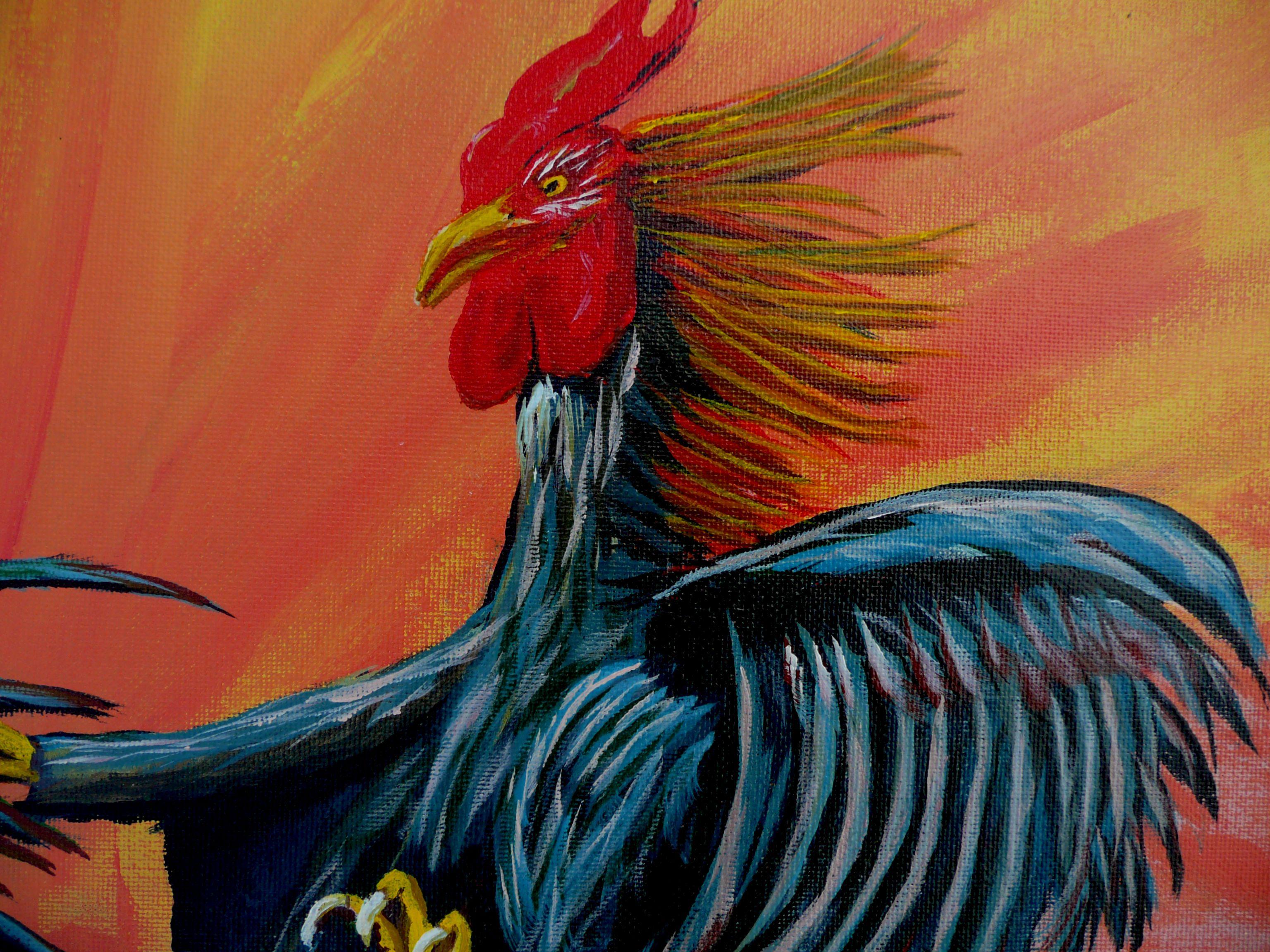 This painting depicts two roosters in a battle. These birds are bred to fight, sometimes to the death. This is an explosive scene as you would find at such a match. The painting is 16X20 inches or 40X50 centimeters and has been created using
