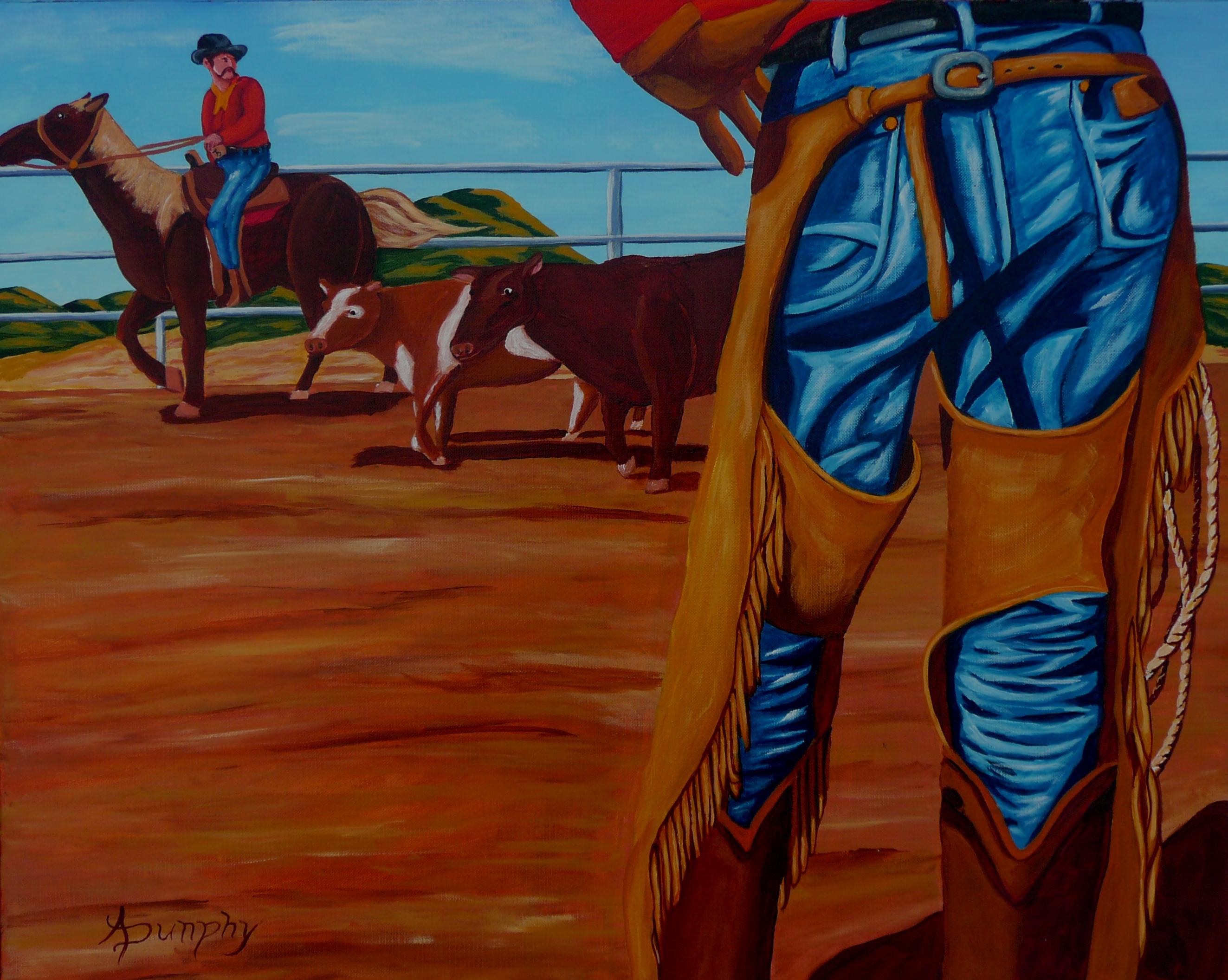 A very interesting perspective on this painting of Cowboys working in the yard with their cattle.I have tried to capture an on the ground working mans view of the western life. The look and feel of jeans and leather were a nice challenge as well. 