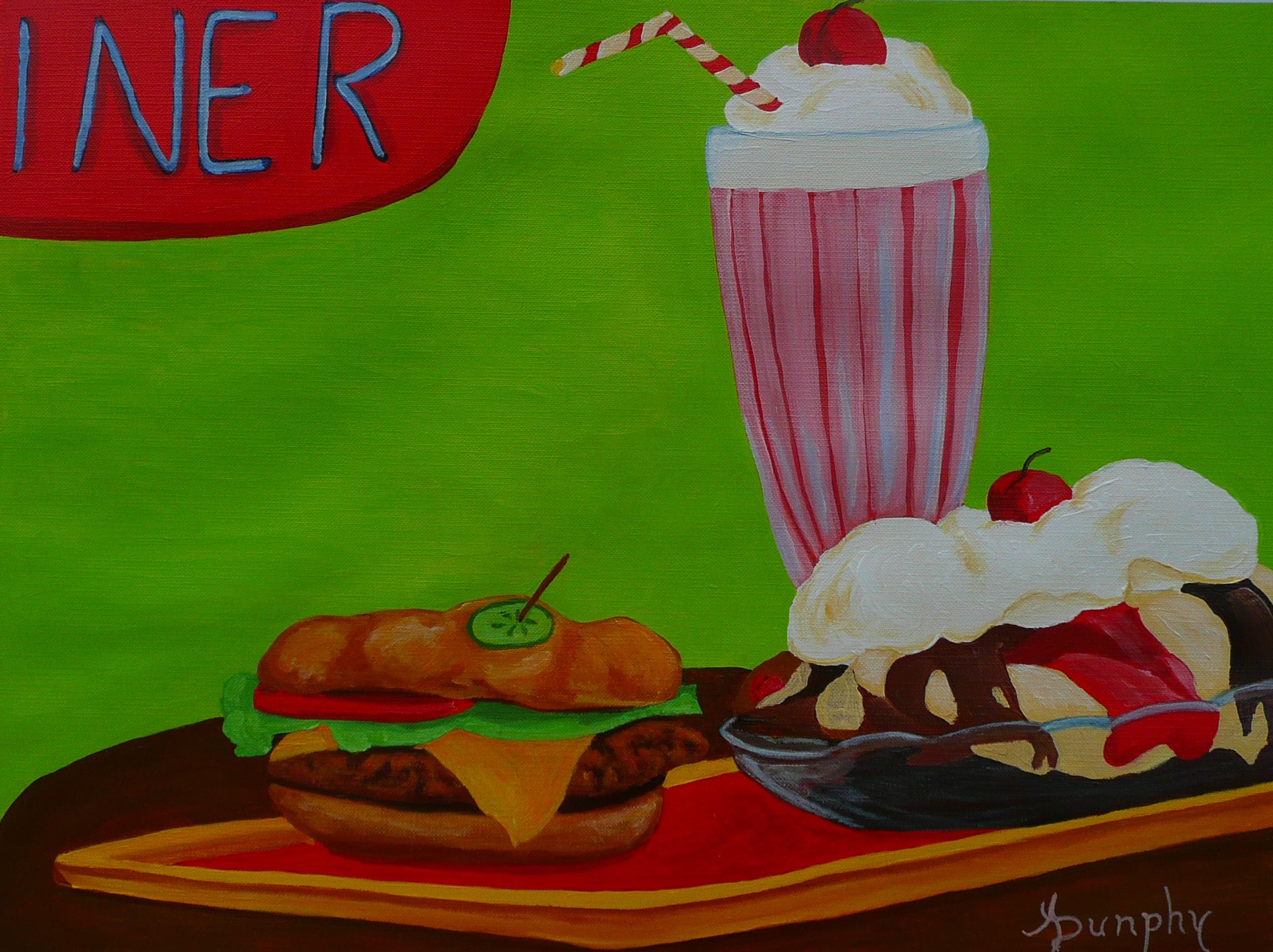 An acrylic still life painting of fast food. A cheeseburger,Strawberry milkshake and an ice cream sundae.  :: Painting :: Contemporary :: This piece comes with an official certificate of authenticity signed by the artist :: Ready to Hang: No ::
