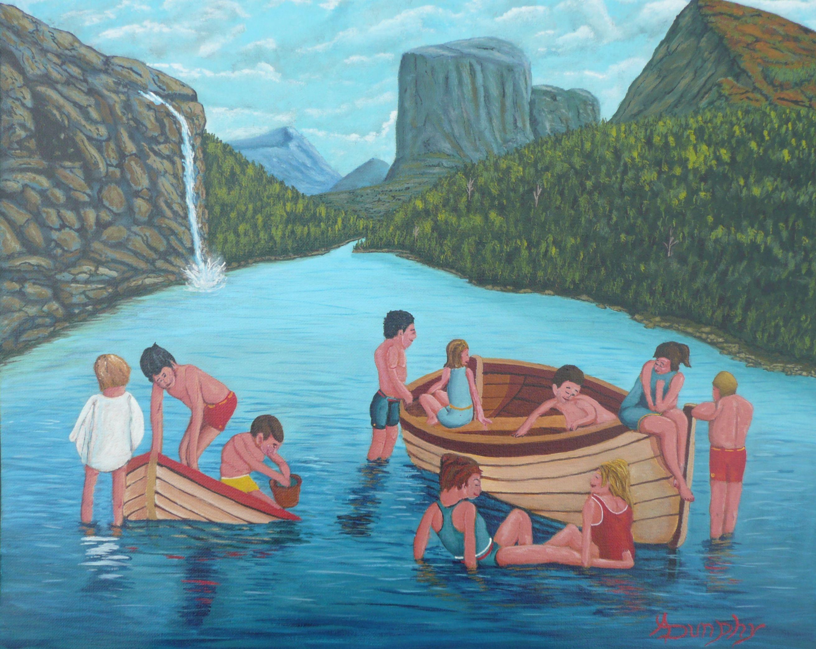 This delightful summer scene depicts a large group of children playing on a pair of old boats that are not afloat in a mountain valley river. Childhood is a great time to create friendships and life long memories. This landscape has been created