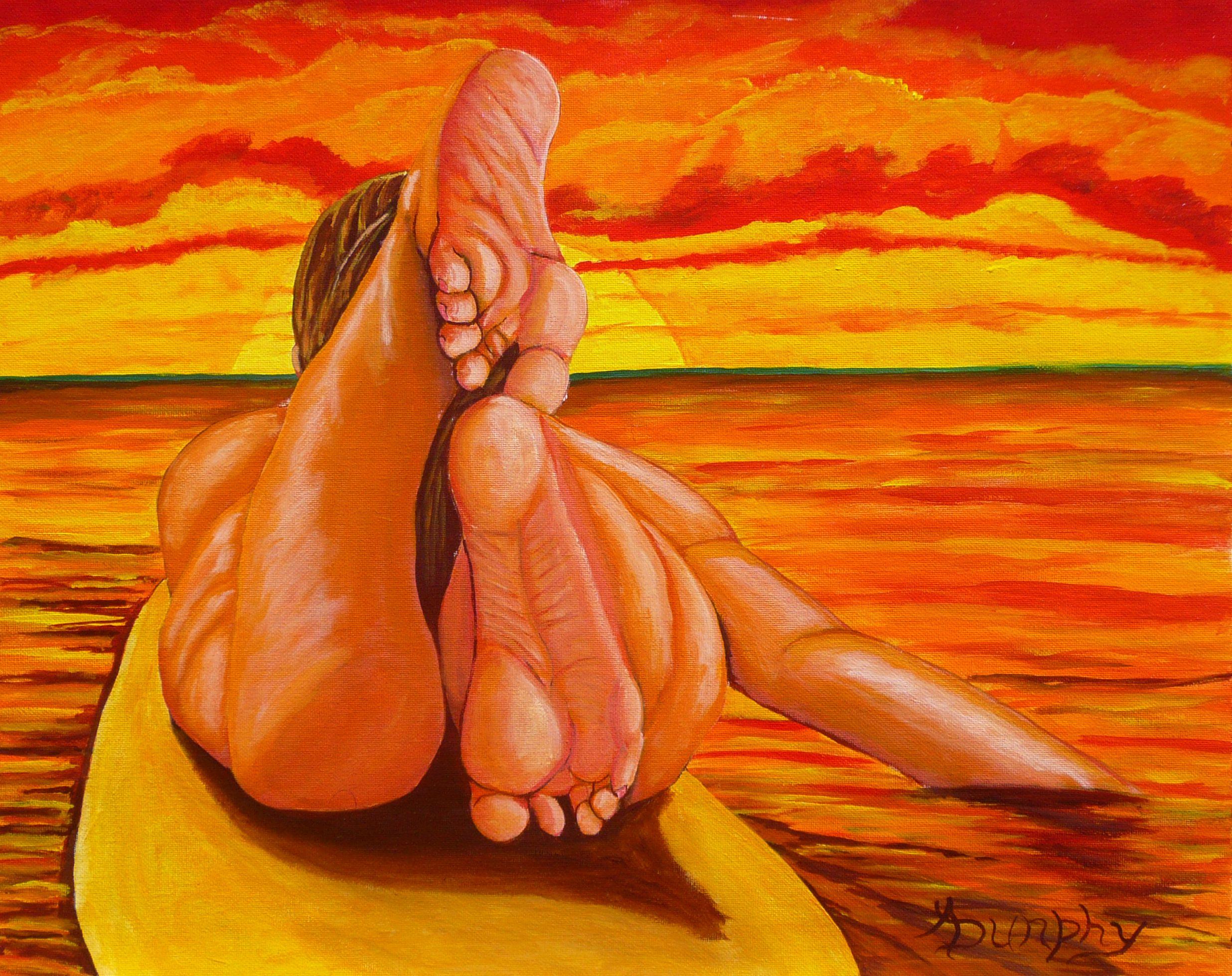 This young surfer girl is laying on her board and enjoying the relaxation of being alone at sea and watching the setting sun. This painting has been created using professional grade acrylics on canvas. The size of this piece is 16X20 inches or 40X50