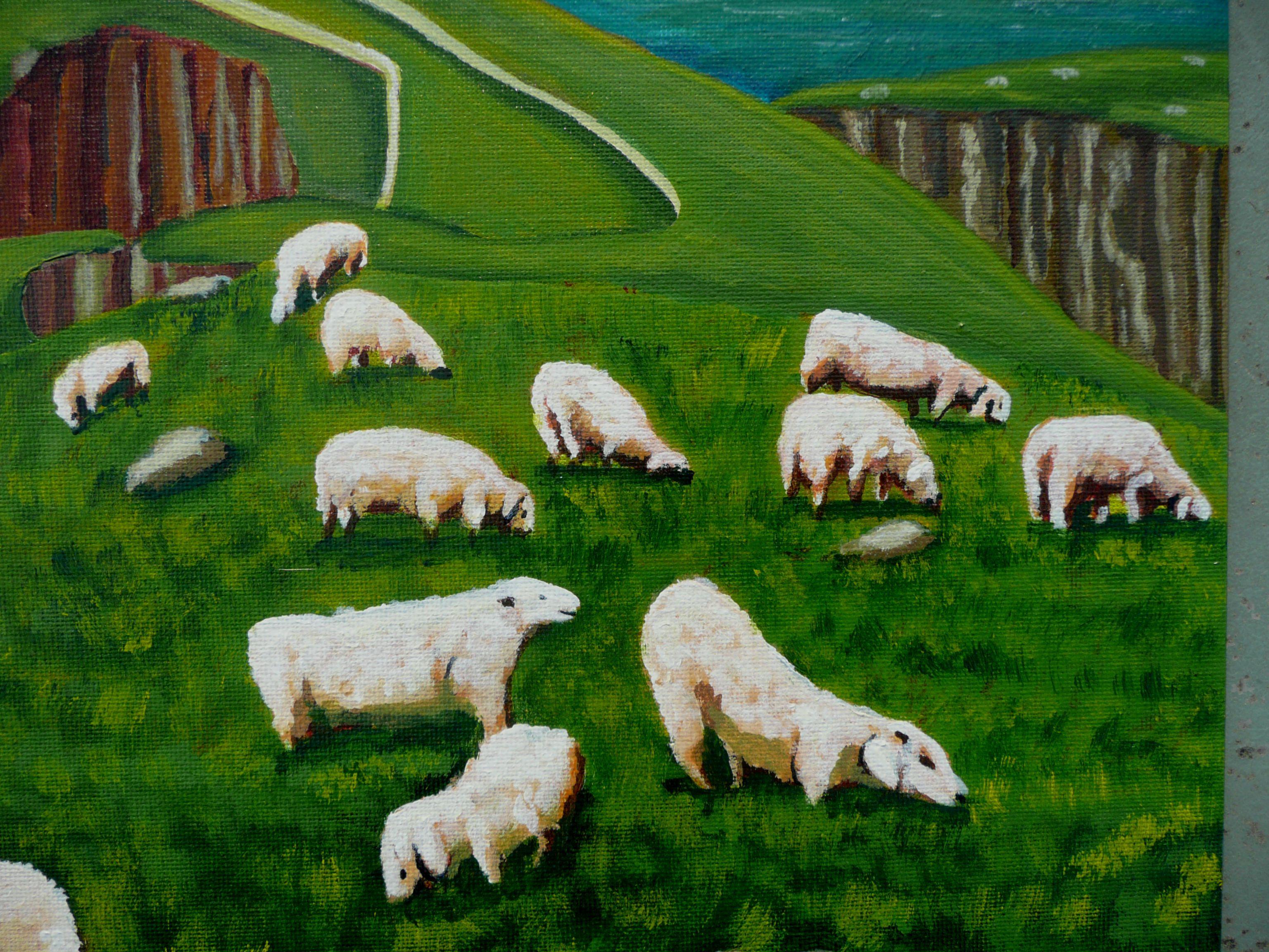 This peaceful scene of sheep grazing along the cliff strewn coast in summer is intended to relax your mind and give you serenity. The scene has been created using professional grade acrylics on flat canvas and coated with art varnish for protection