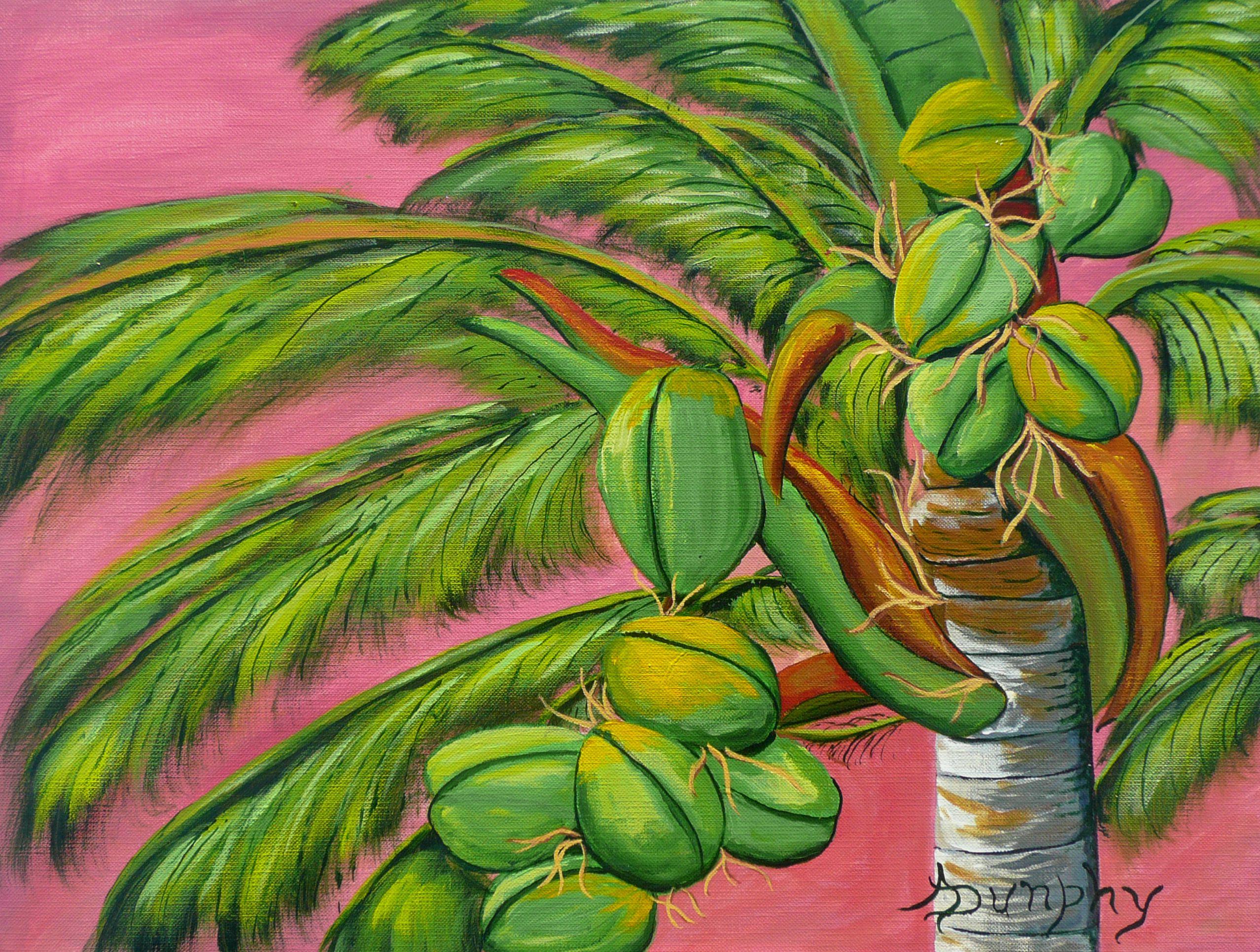 I recently visited Hawaii again and took many great reference shots and have been making a Hawaii series. This painting is number three. This brilliant pink sunset sky was a wonderful backdrop to the swaying palm trees filled with their coconuts.   