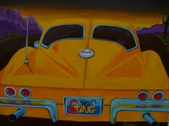Corvette on a Dark Desert Highway, Painting, Acrylic on Paper