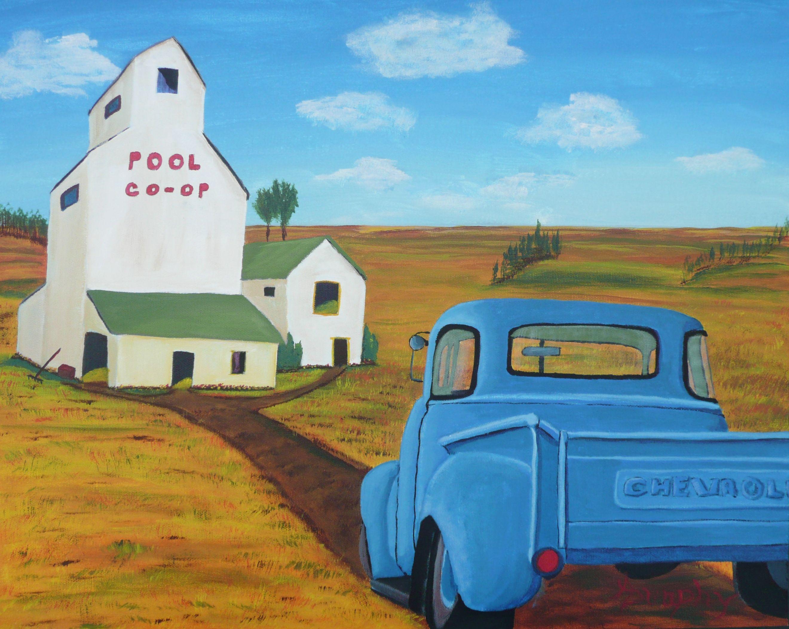 A peaceful country landscape featuring a classic 6 window Chevrolet pickup truck as it approaches a grain elevator on the prairie. This landscape has been created using only professional grade acrylics on a 16x20 inch un-stretched canvas. The