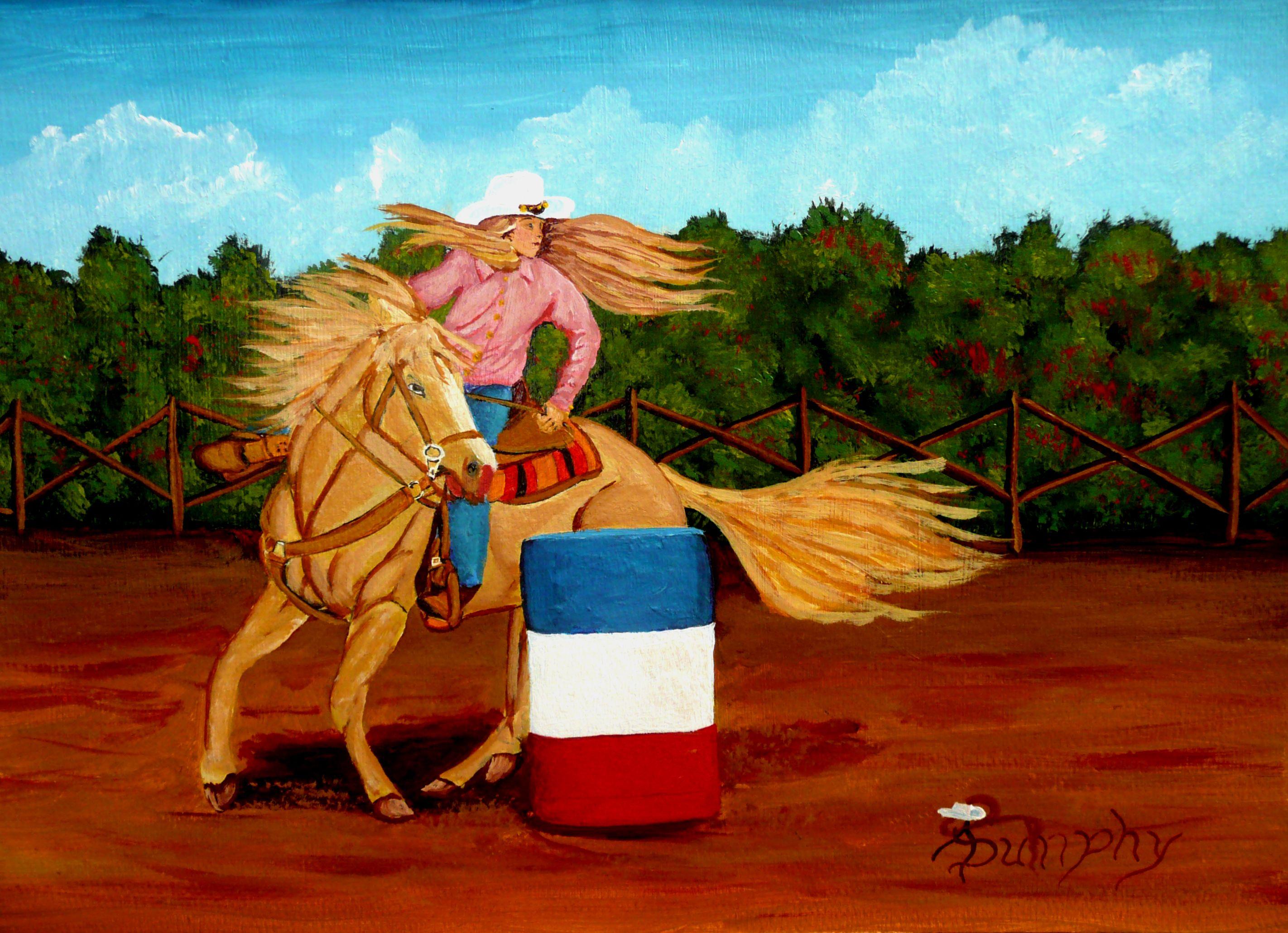 Cowgirl Barrel Racer, Pittura, Acrilico su tela - Painting di Anthony Dunphy