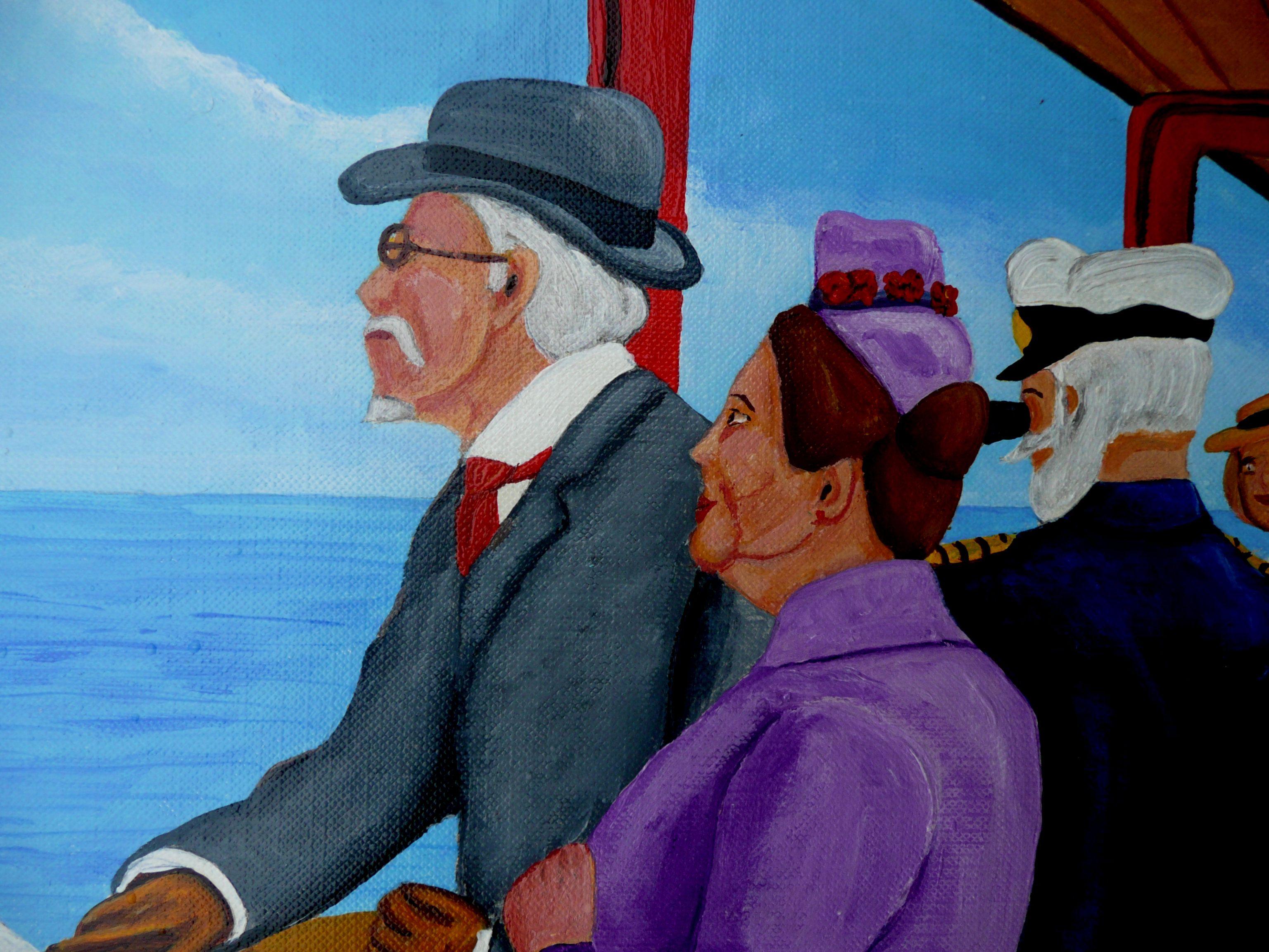 People on a cruise ship enjoy the sea air up on deck. A historical set at the turn of the last century. This piece is 20X16 inches and has been created using only professional grade acrylics on special acrylics canvas paper. :: Painting ::