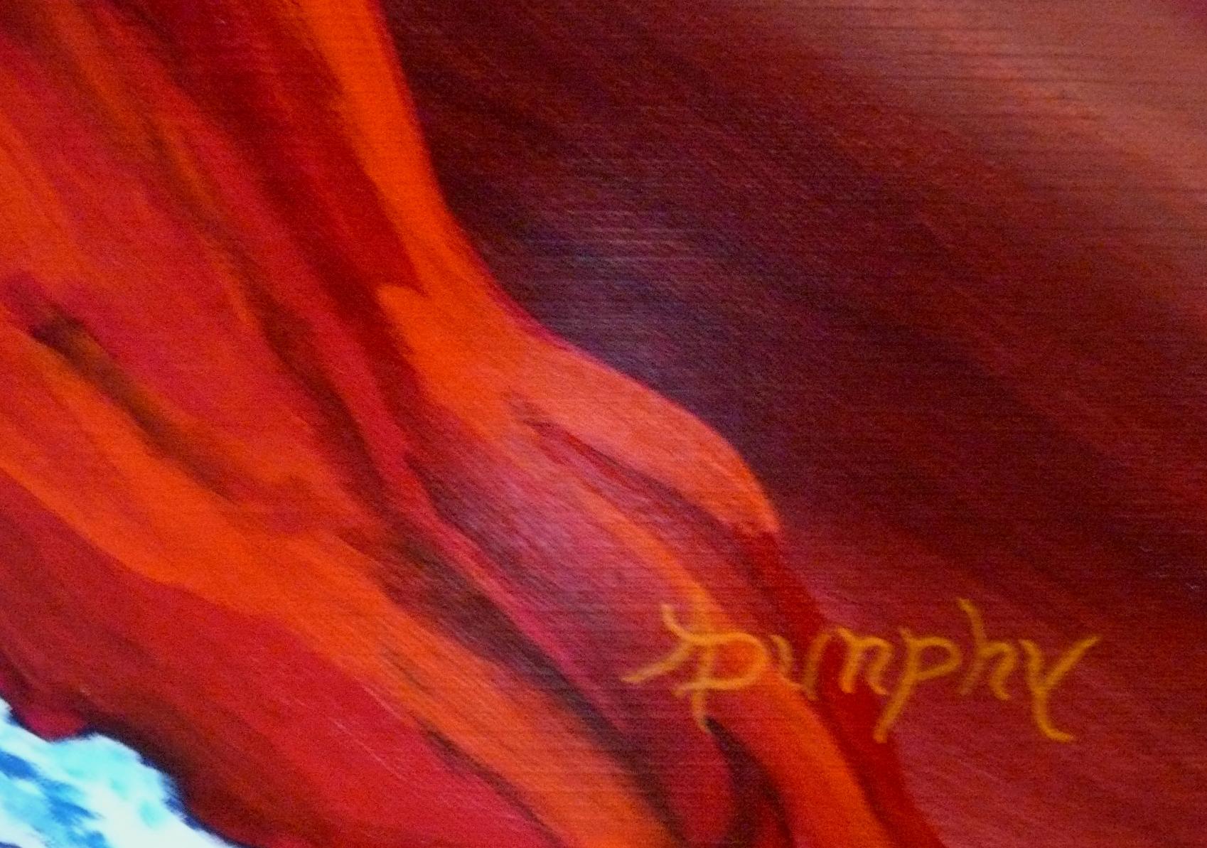 As the Spanish guitar plays quickly and bright the lady in a red dress flashes across the stage in a flaming display which is the Flamenco, the dance of seduction.     This painting has been created by Anthony Dunphy in acrylics on archival quality