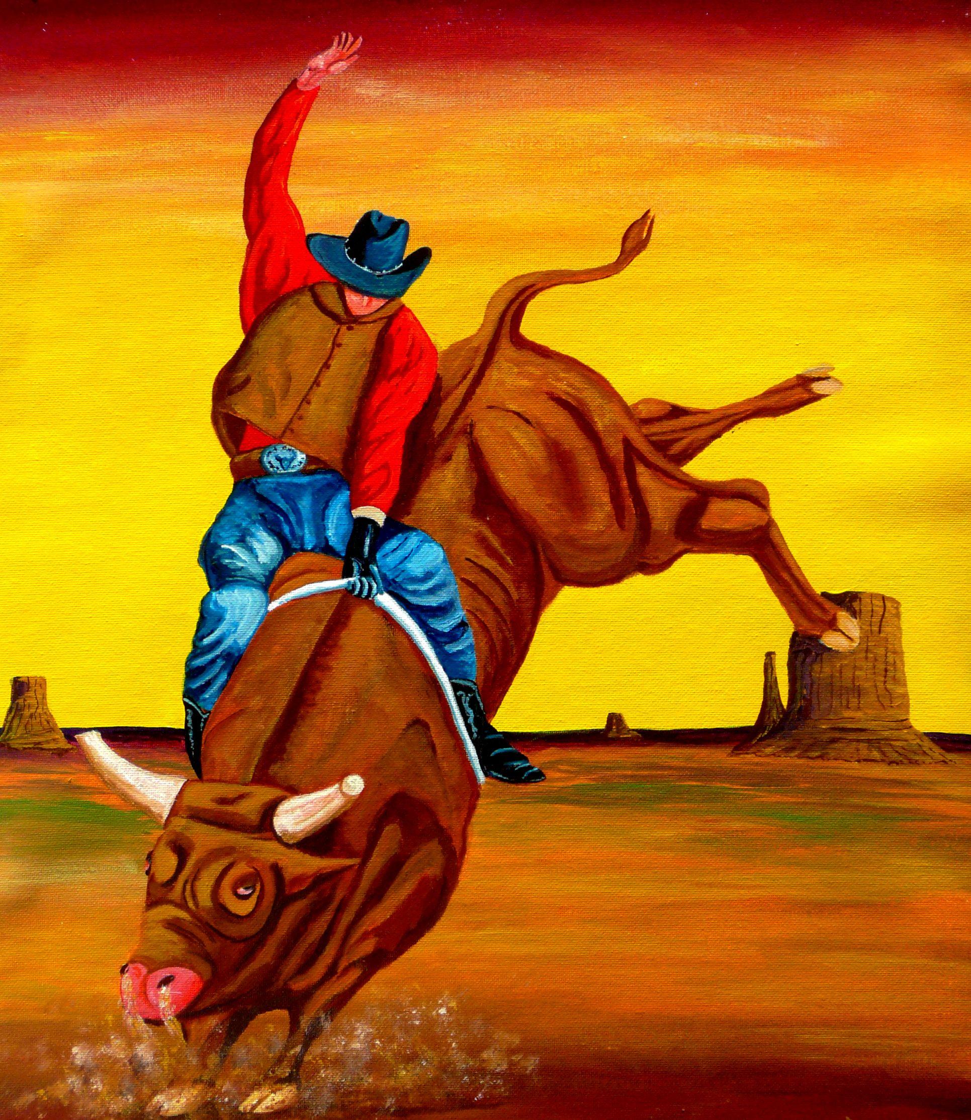 8 Seconds may seem like a very short time to you but, when you are straddling an 800 pound bull and he doesn't want you there, it can seem like an eternity. This western themed painting is dedicated to those fun loving cowboys in the bull riding