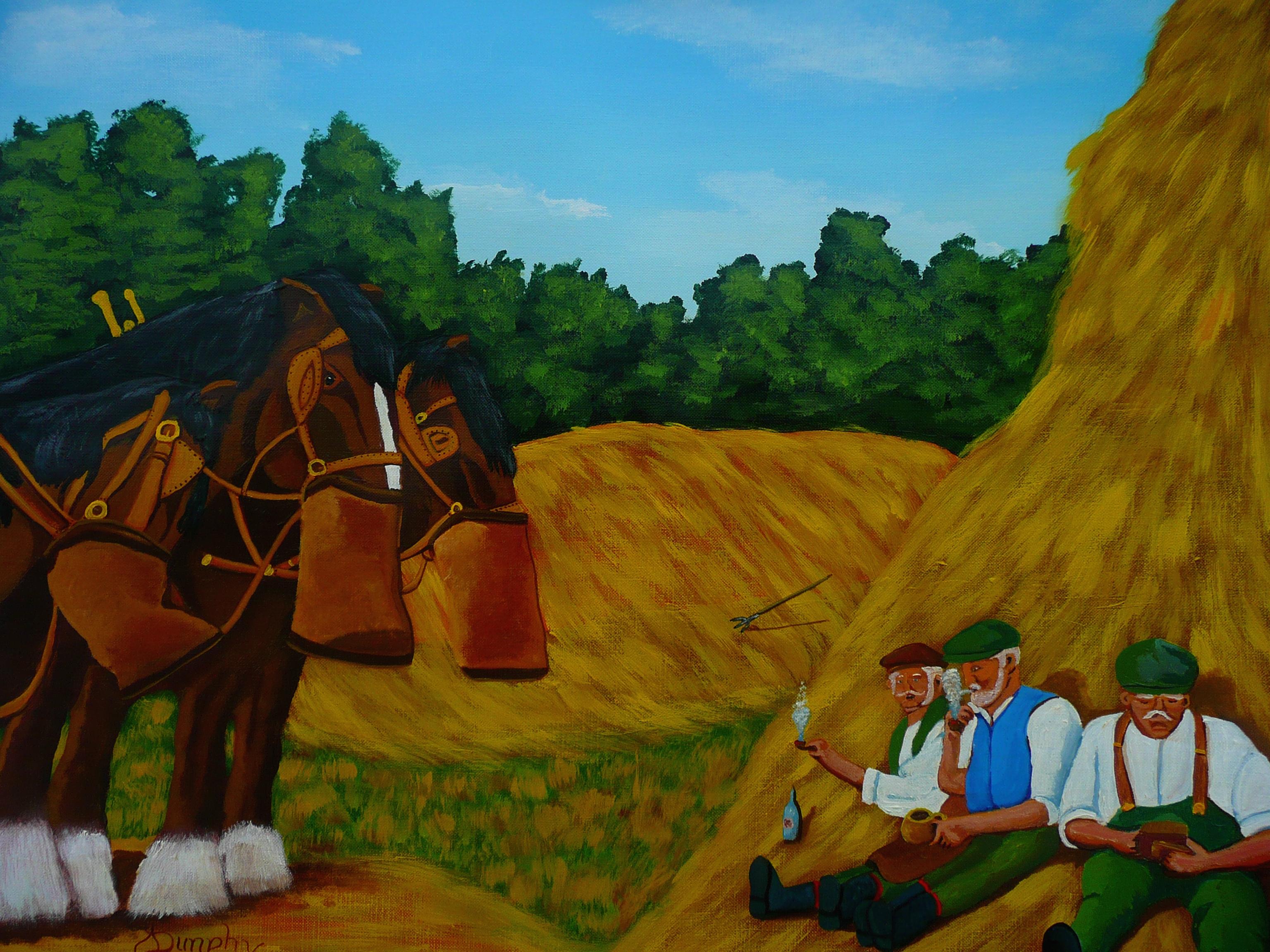 While the three old farm hands have a smaoke break their horses have their feed bags tied on. :: Painting :: Contemporary :: This piece comes with an official certificate of authenticity signed by the artist :: Ready to Hang: No :: Signed: Yes ::