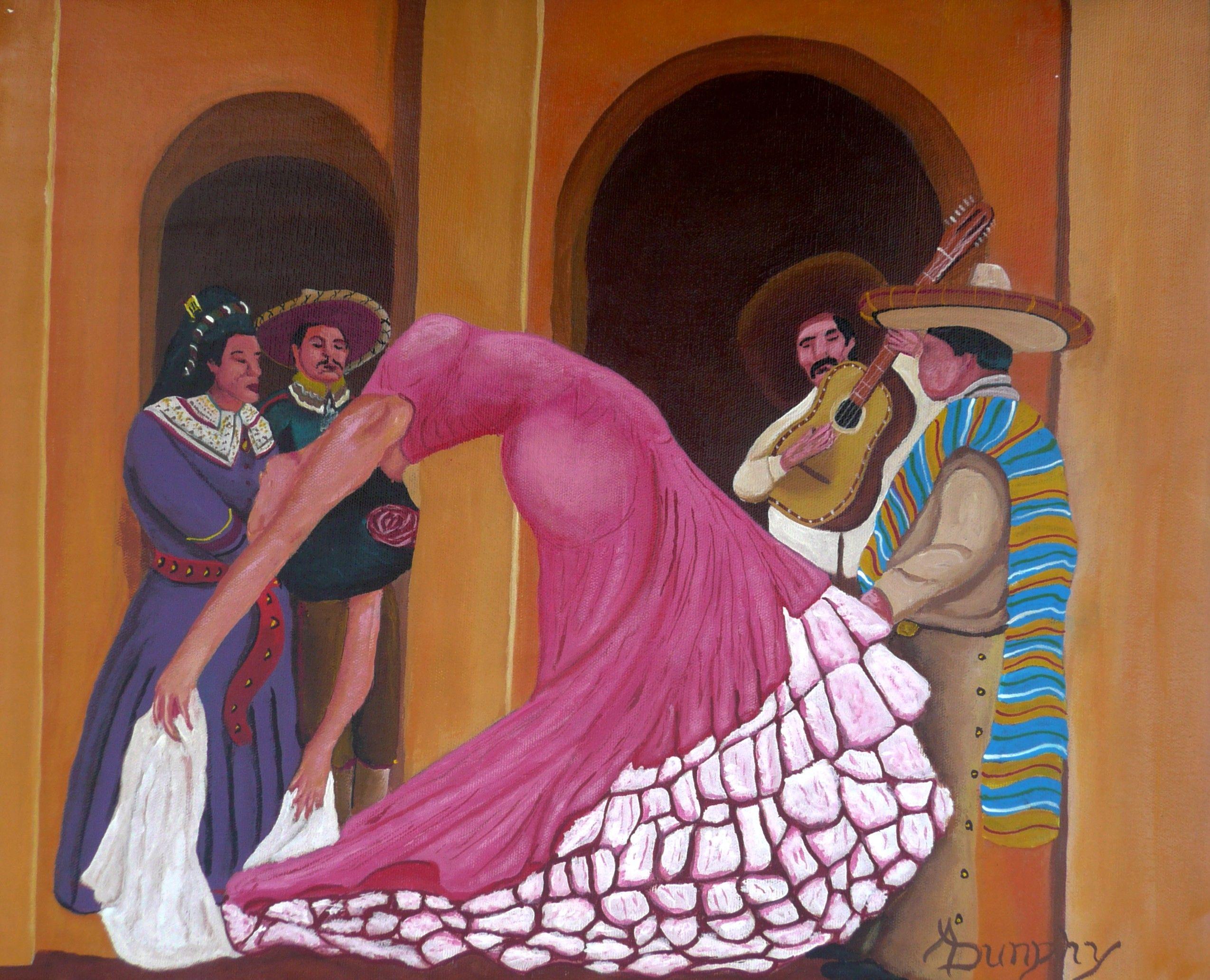 In Mexico there are many reasons to have a Fiesta or celebration. In this scene the guitar is playing as the lady dances to the delight of the audience. This painting has been created using only professional grade acrylics on a flat sheet of