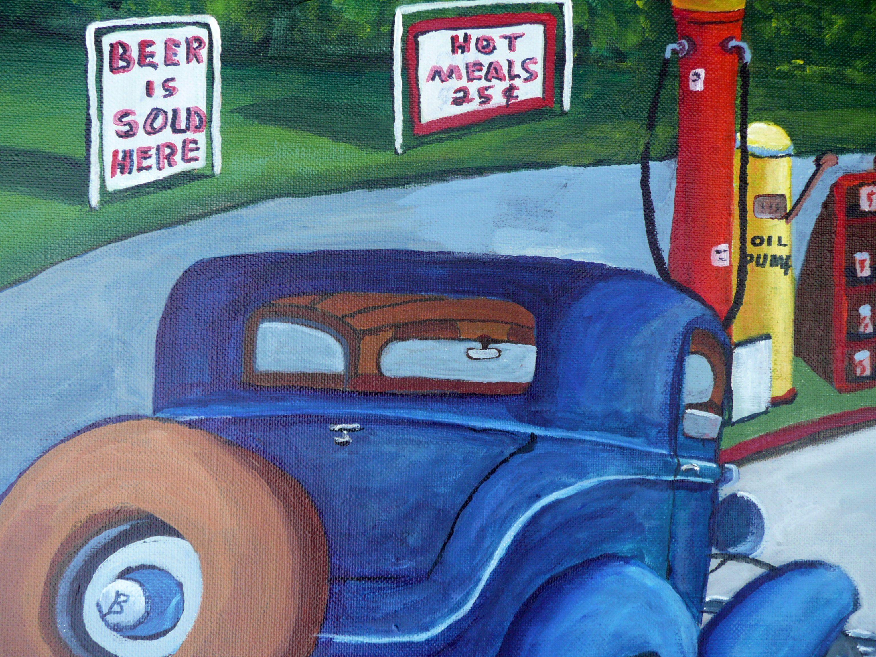 Dieses Gemälde zeigt eine Szene aus den 1930er Jahren, in der ein Auto von der Autobahn abfährt, um an einer Tankstelle Benzin zu tanken und vielleicht ein Bier zum Mittagessen zu trinken. Der Preis von 5 Cent pro Gallone ist ein großer Anreiz.