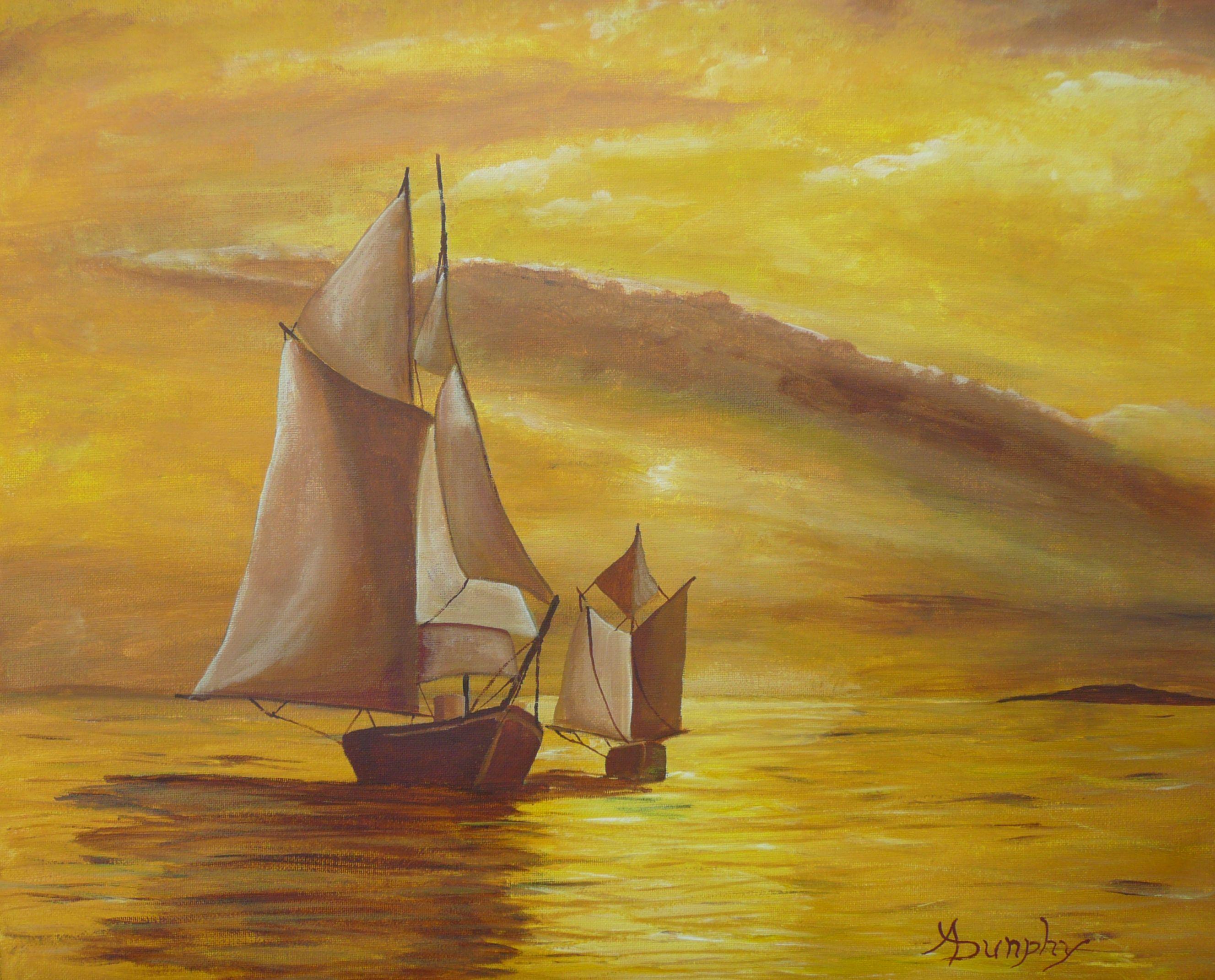 I have been studying the techniques employed by William Turner to create his iconic impressionism pieces. In this work I have placed two gaff-rigged vessels at sea during the rise of the morning sun. This piece has been created using professional
