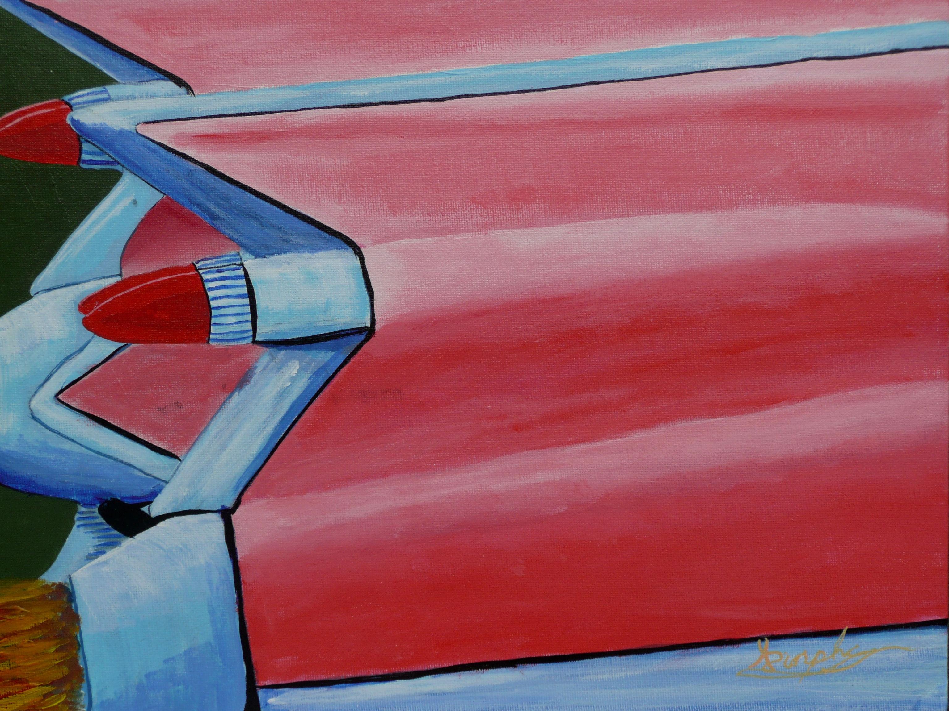 A 1959 candy cane pink Cadillac fires up its rockets on those huge tail fins to take off! What a great way to fire up your day when you look at this vibrant pink Cadillac on un-stretched canvas. :: Painting :: Contemporary :: This piece comes with